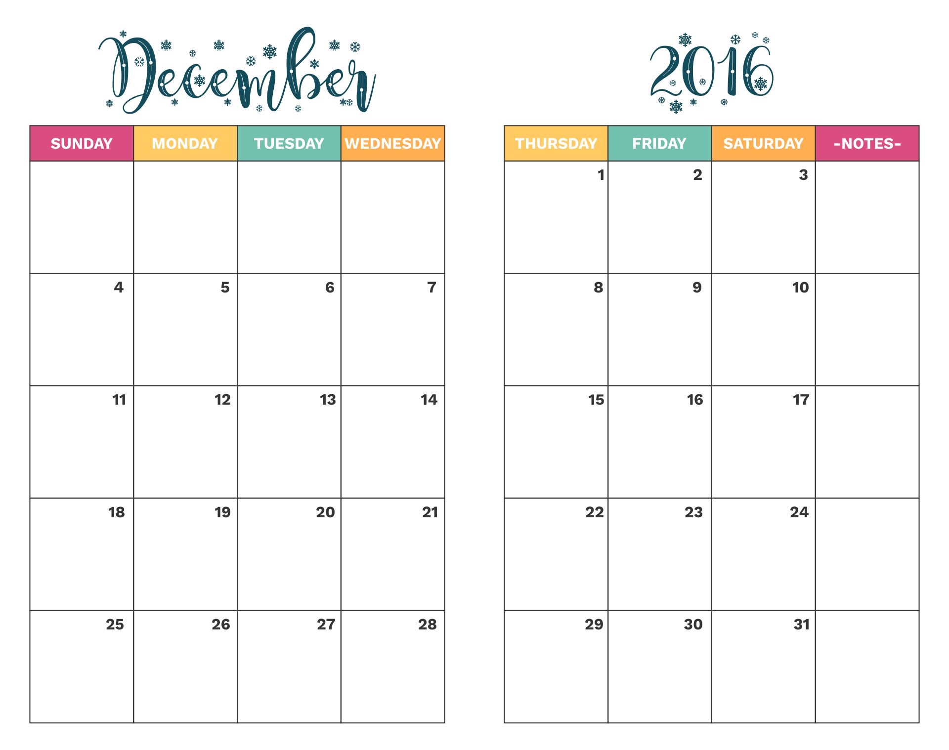 2 Page Monthly Calendar Printable 2016 Template