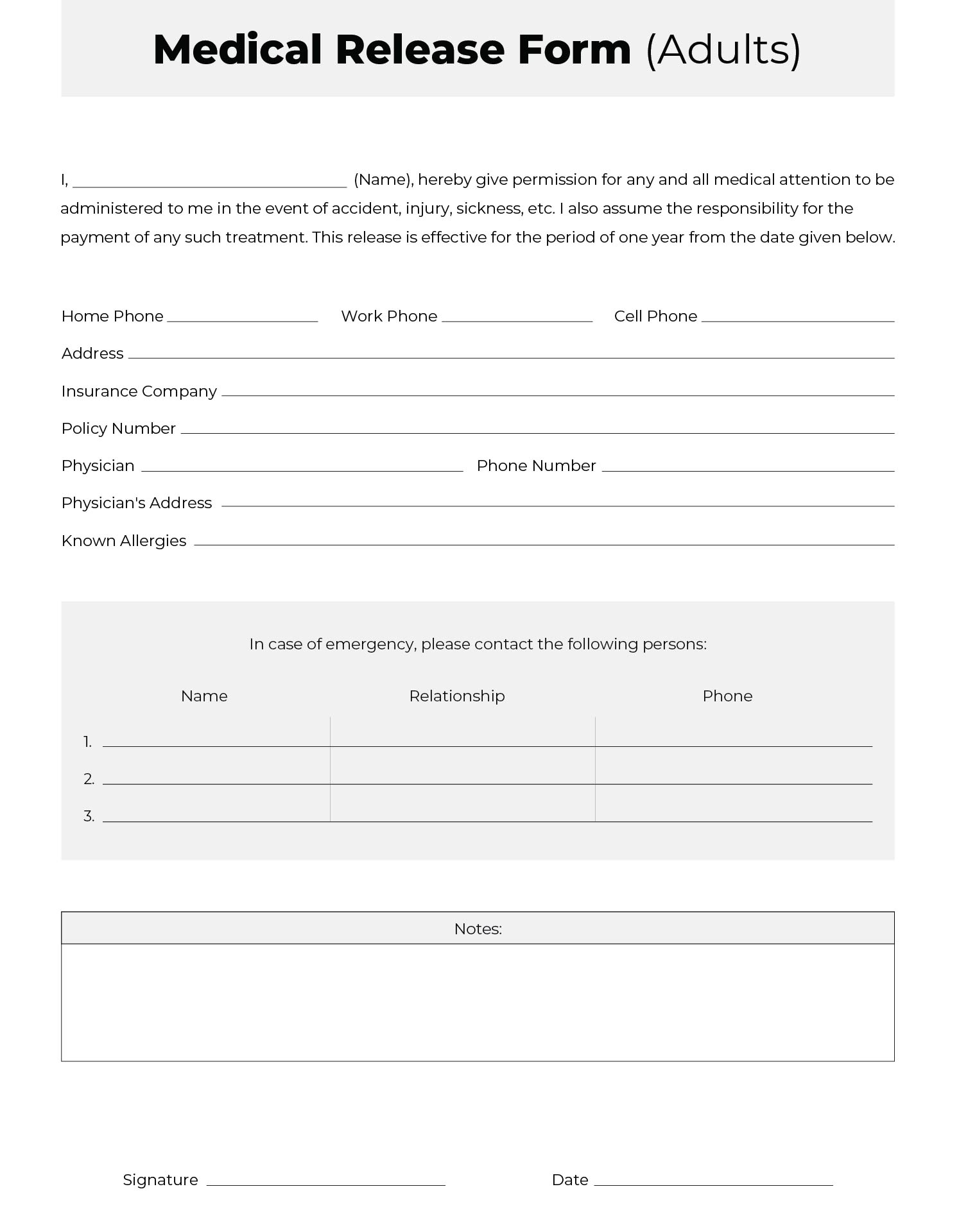 Printable Medical Release Forms