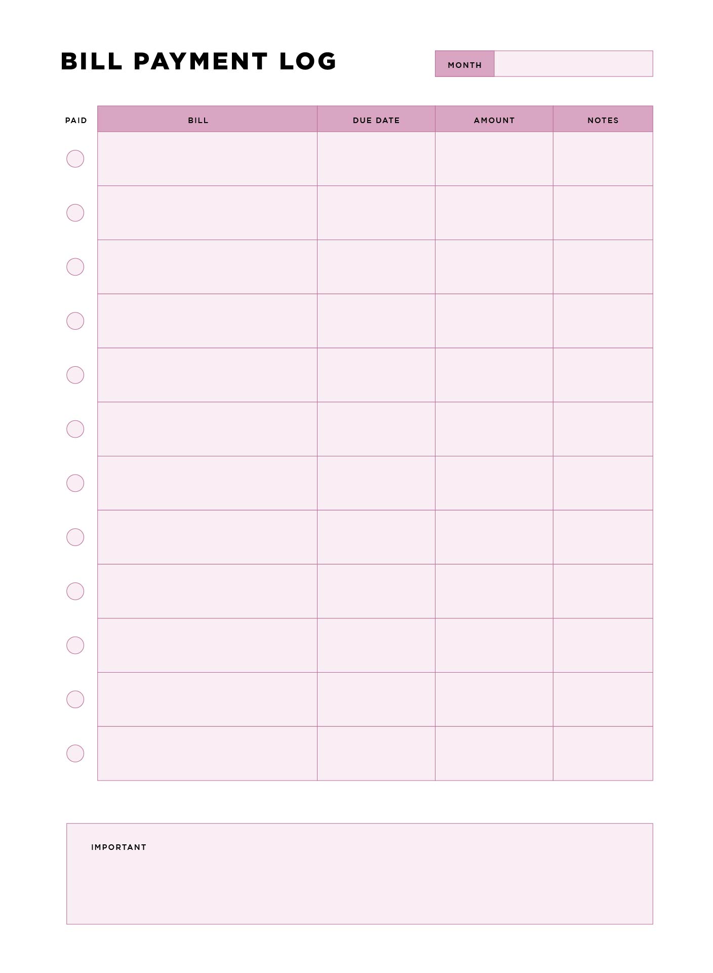 Printable Monthly Bill Payment Log