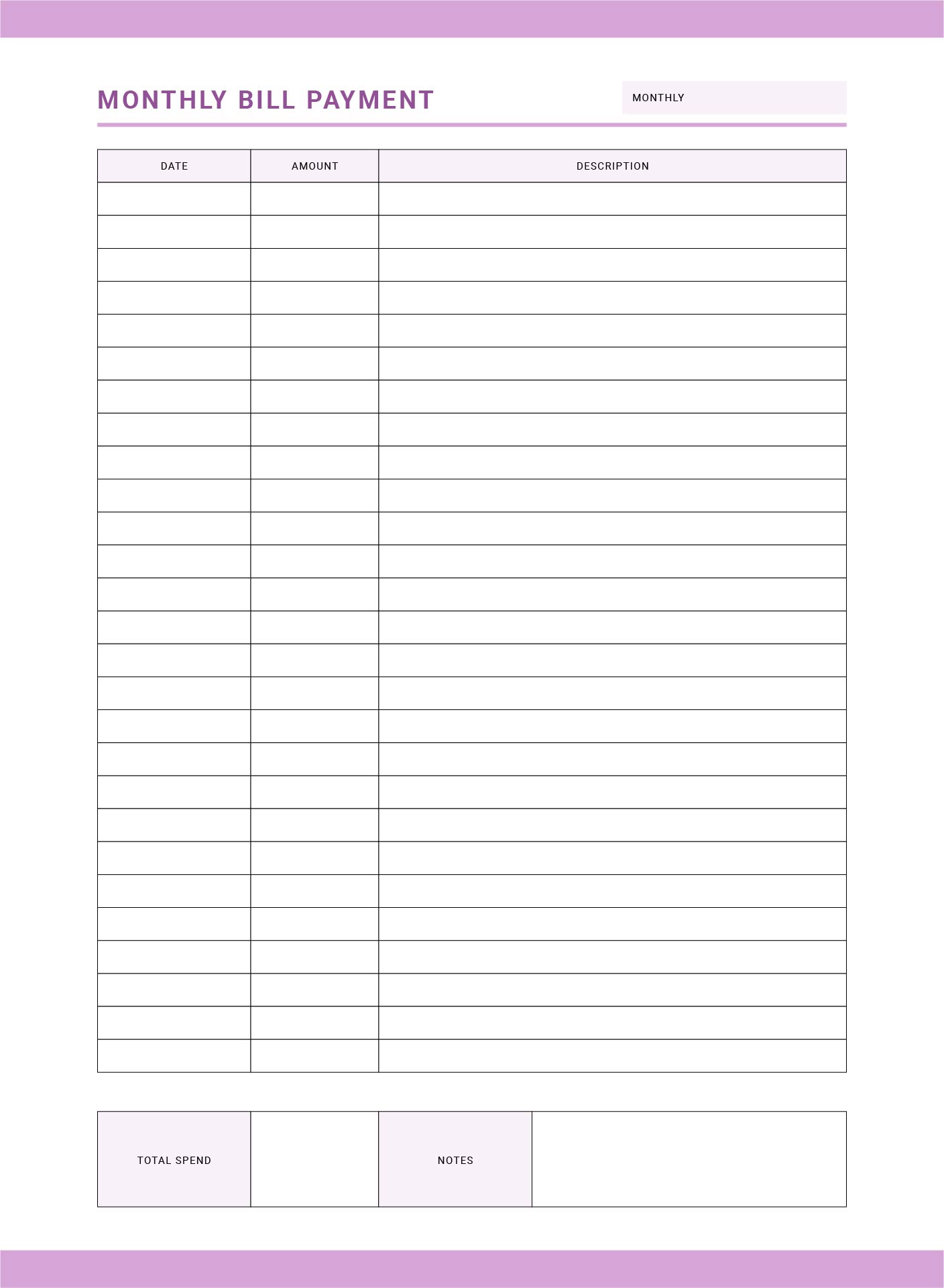 Monthly Bill Log Printable