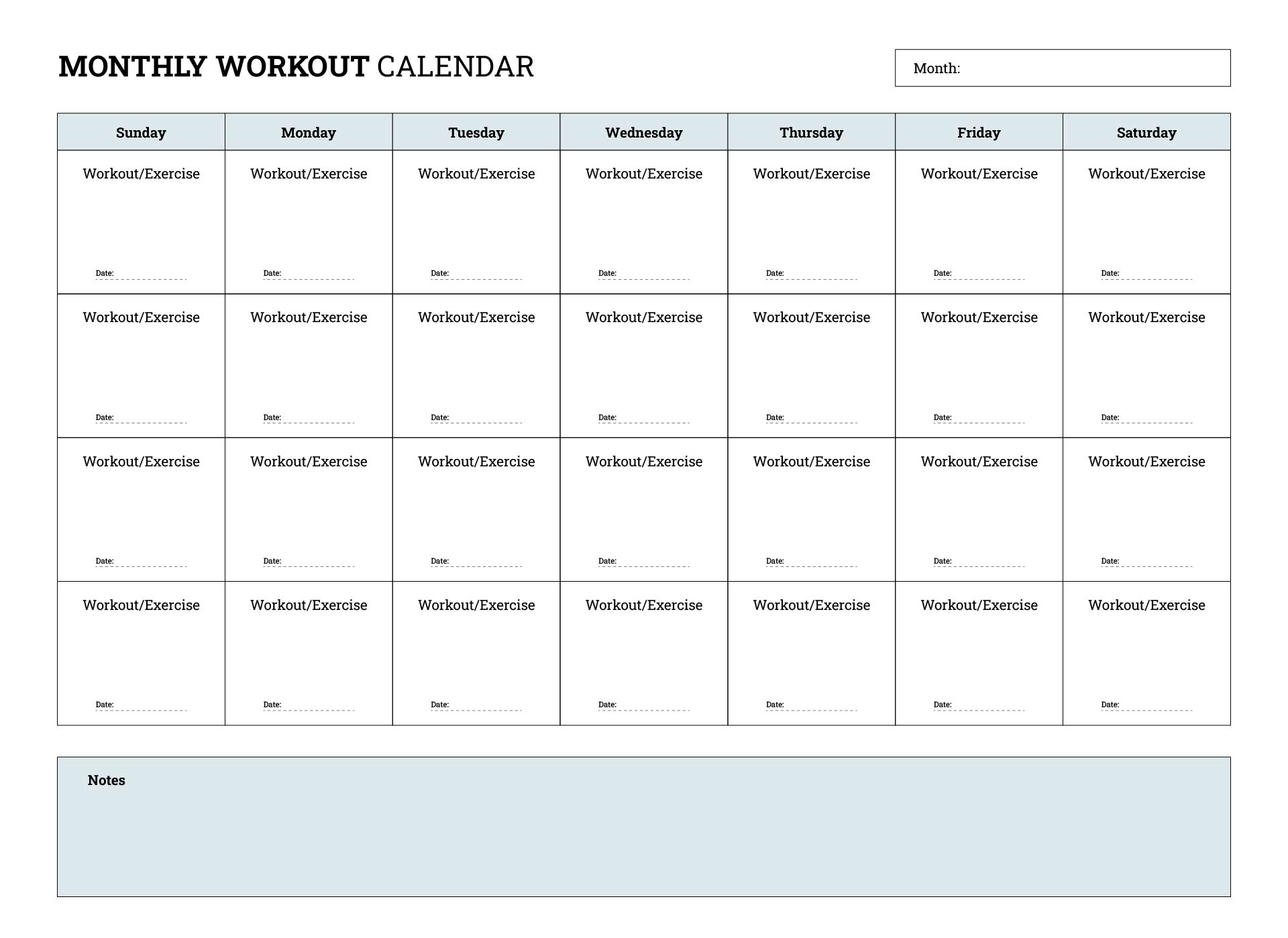 Printable Monthly Workout Calendar