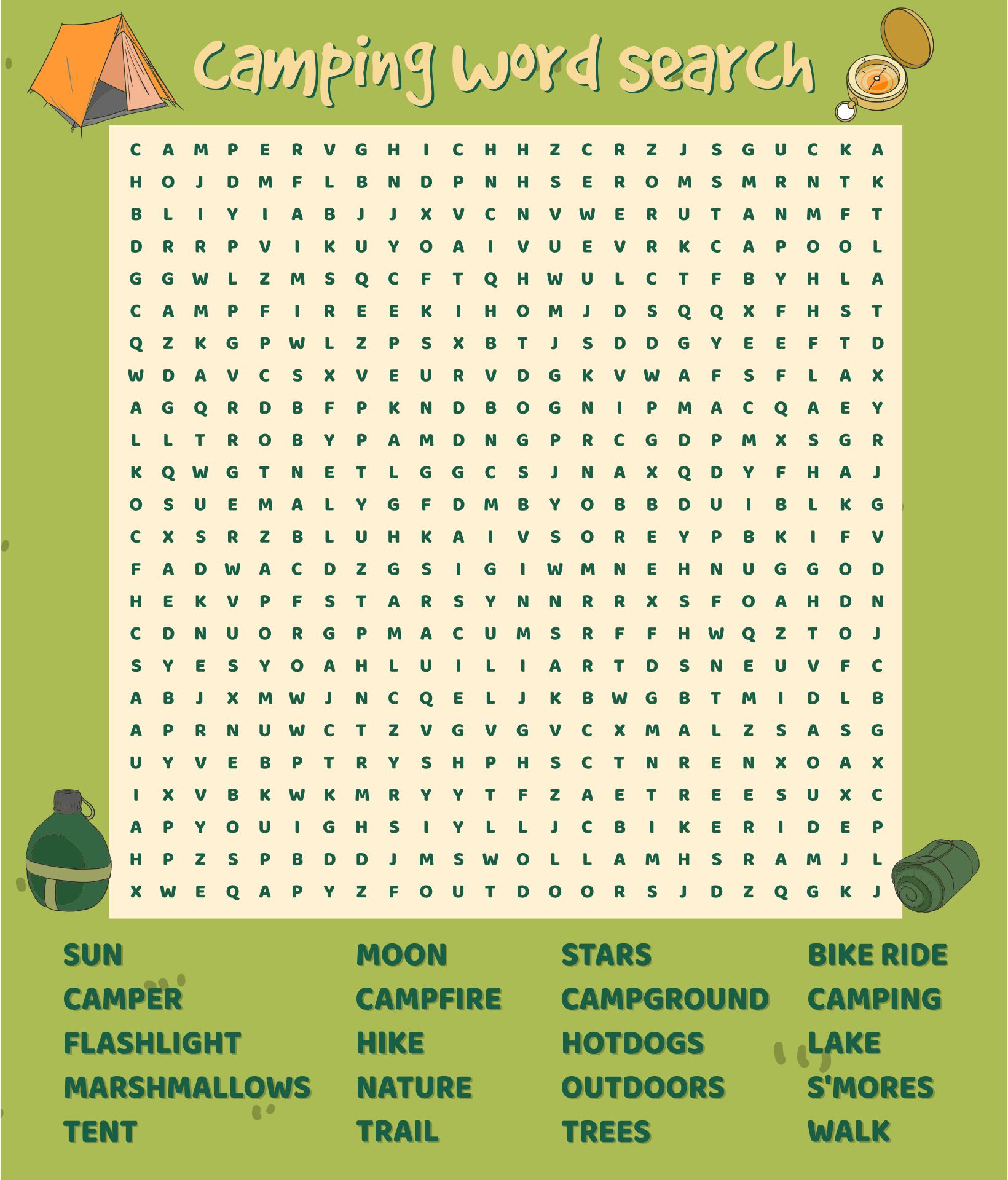 Camping Word Search Printable Worksheets