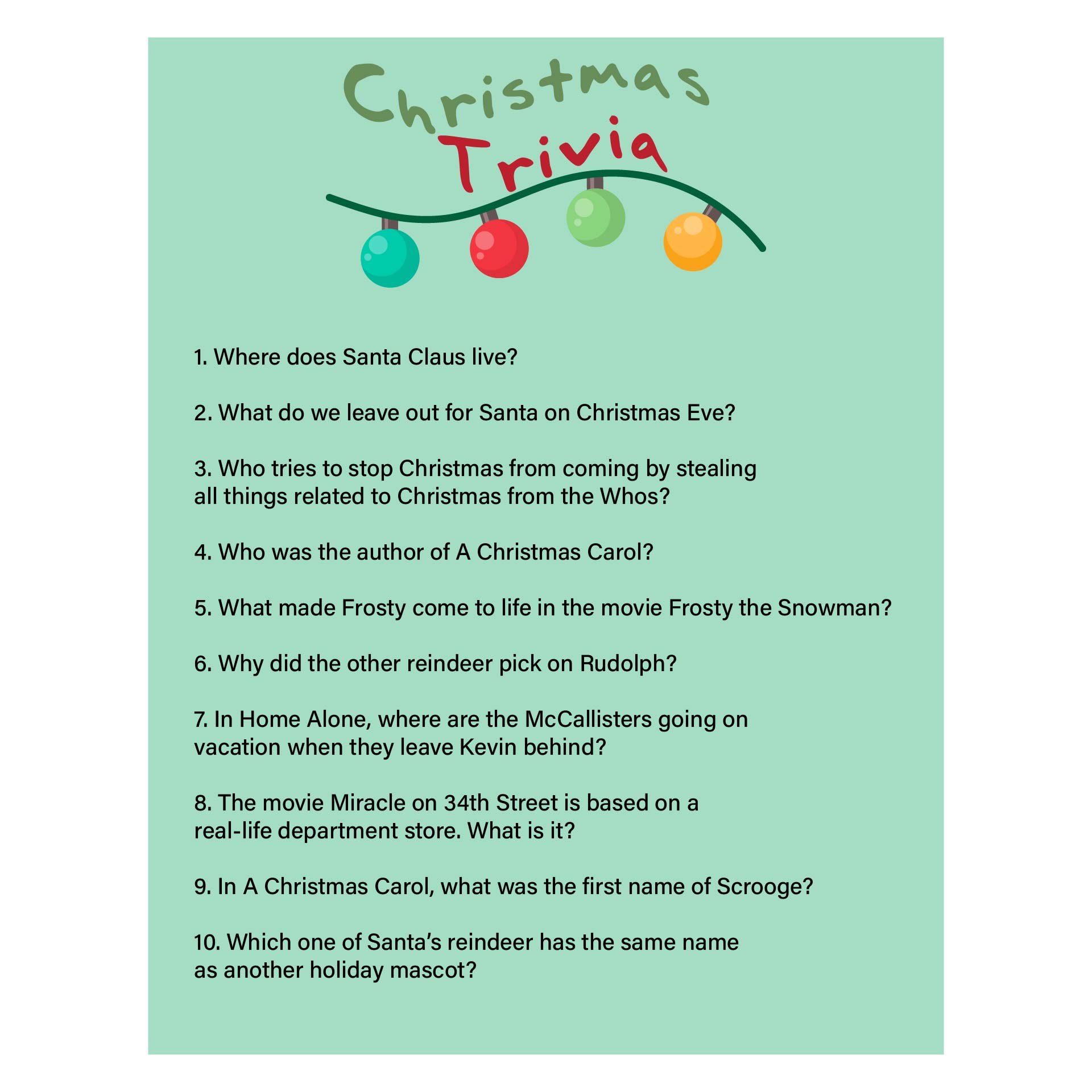 Printable Christmas Games Trivia and Answers