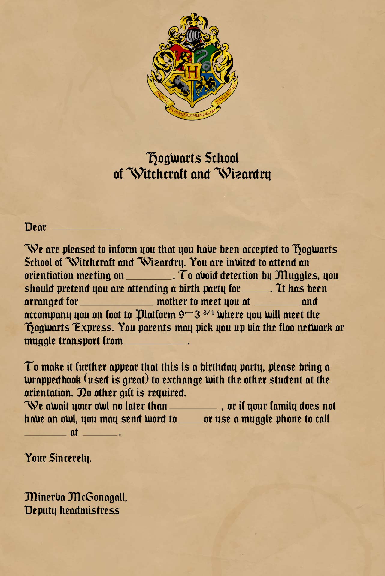 Printable Harry Potter Hogwarts Letter