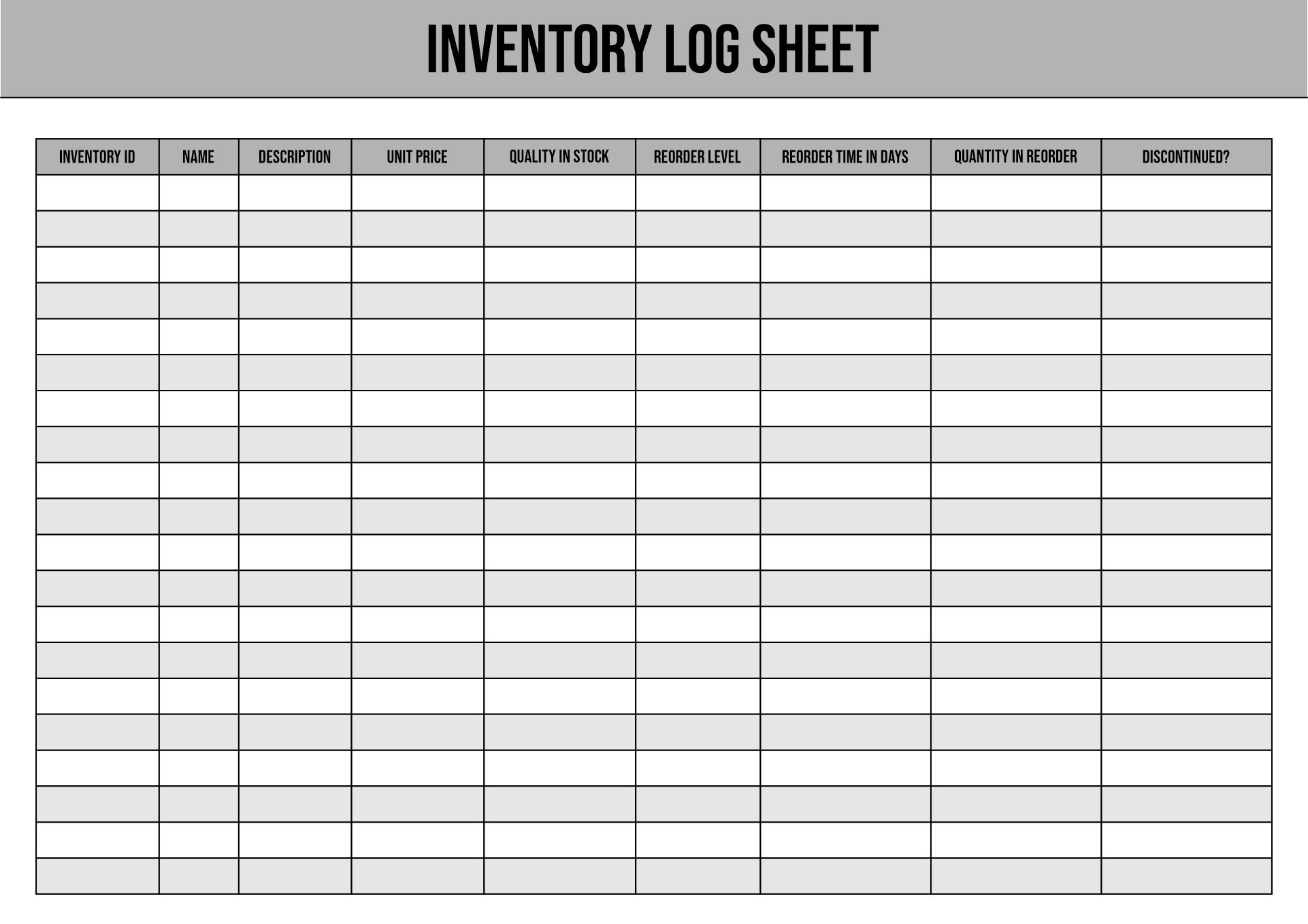 Sample Inventory Log Sheet