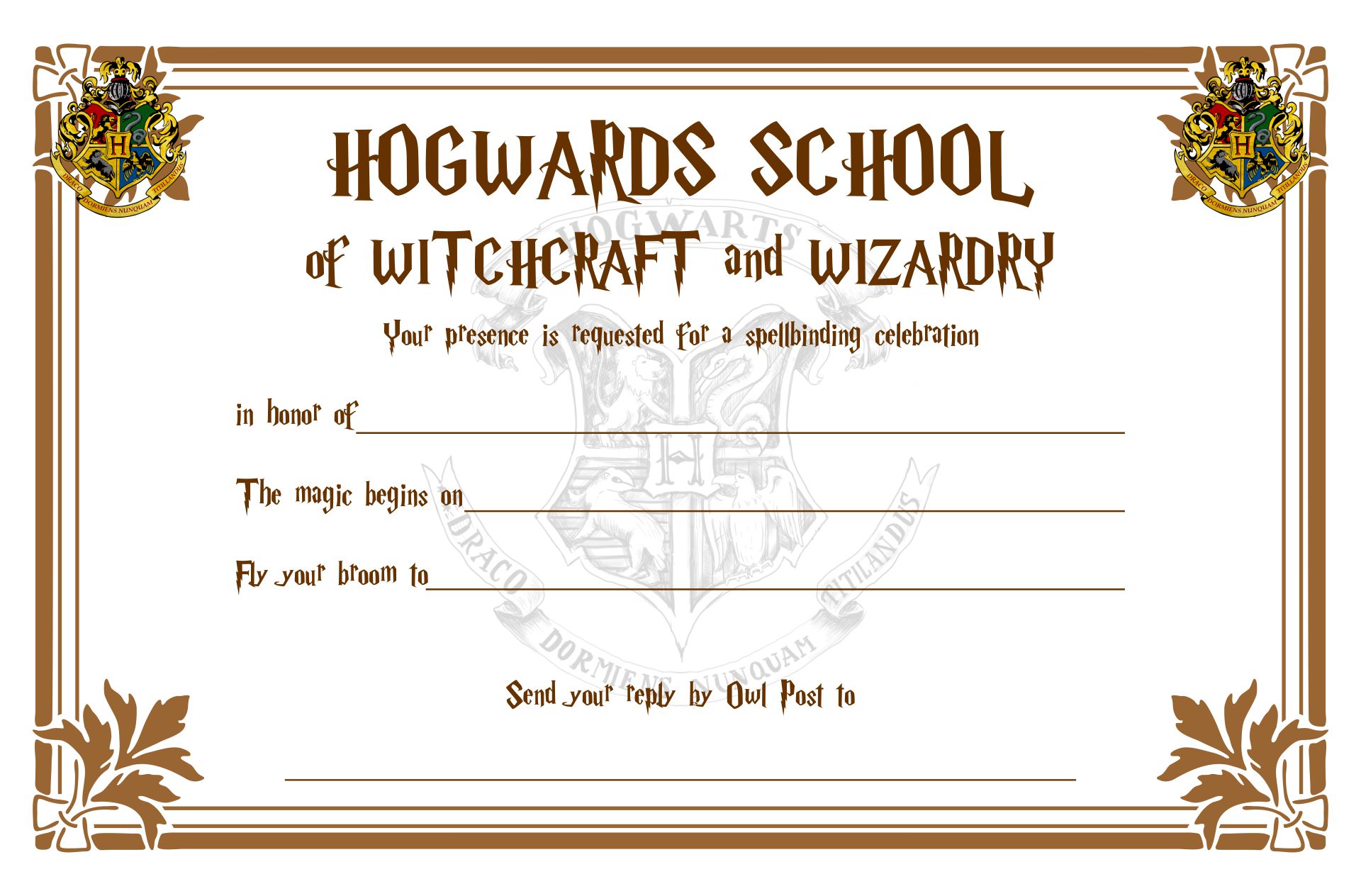 Hogwarts Harry Potter Printable Birthday Invitations