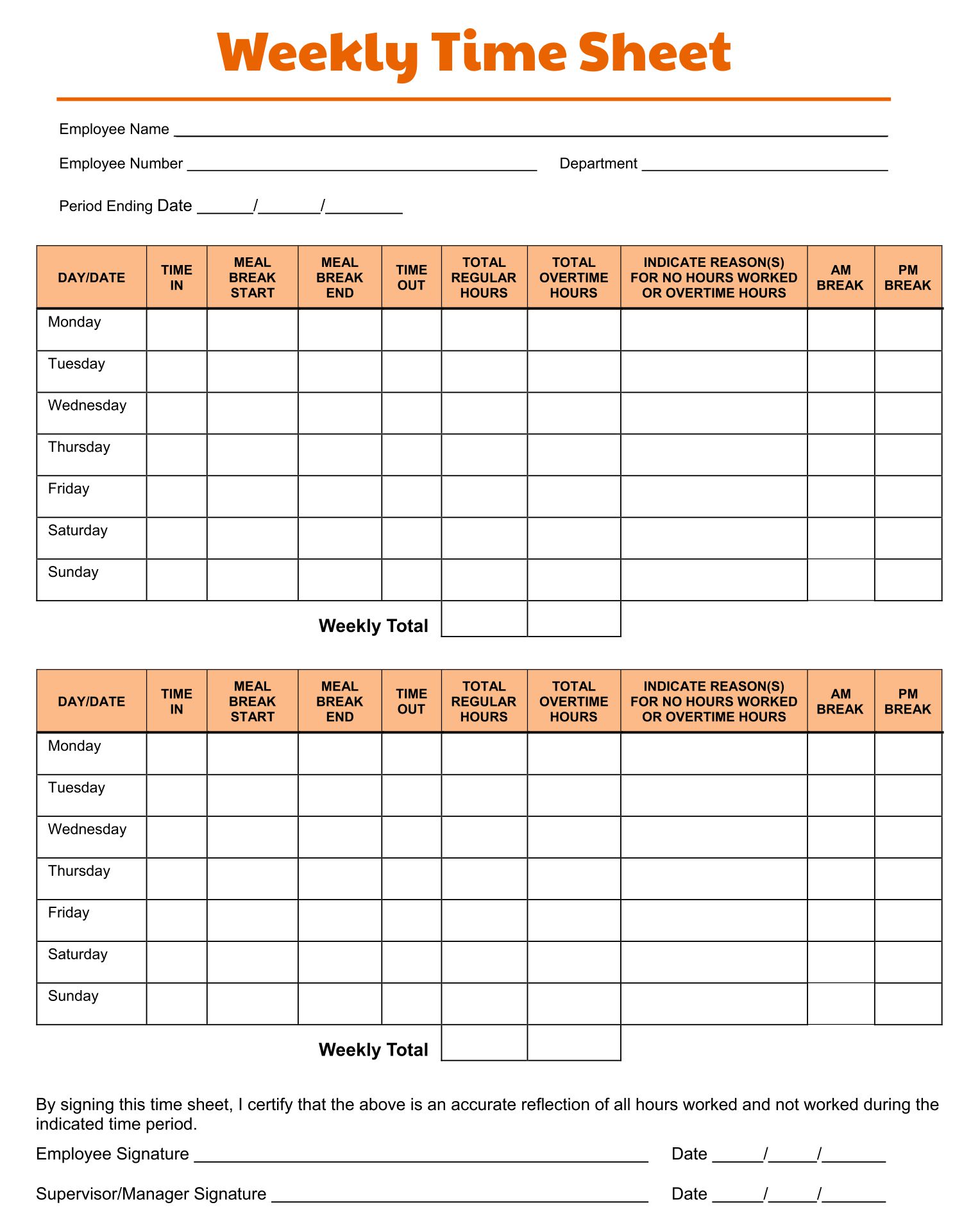 Printable Weekly Time Sheets Templates