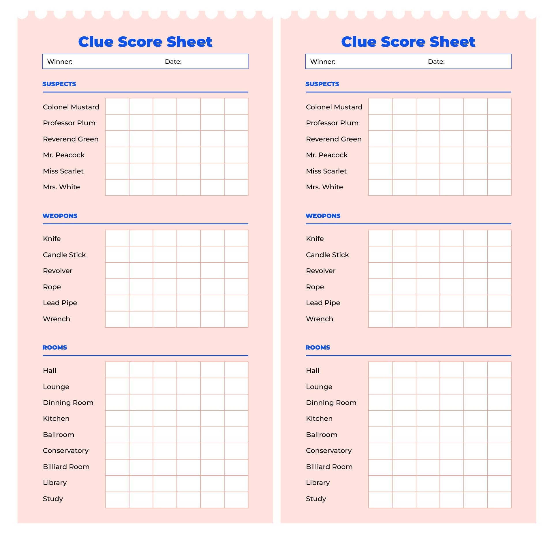Board Game Clue Sheets Printable