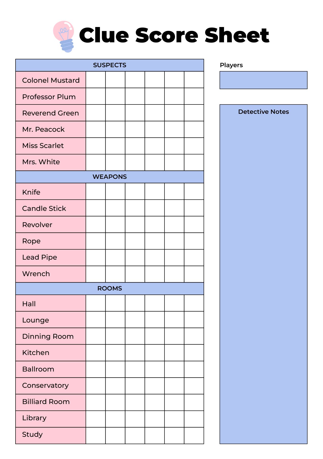 Clue Game Score Sheet