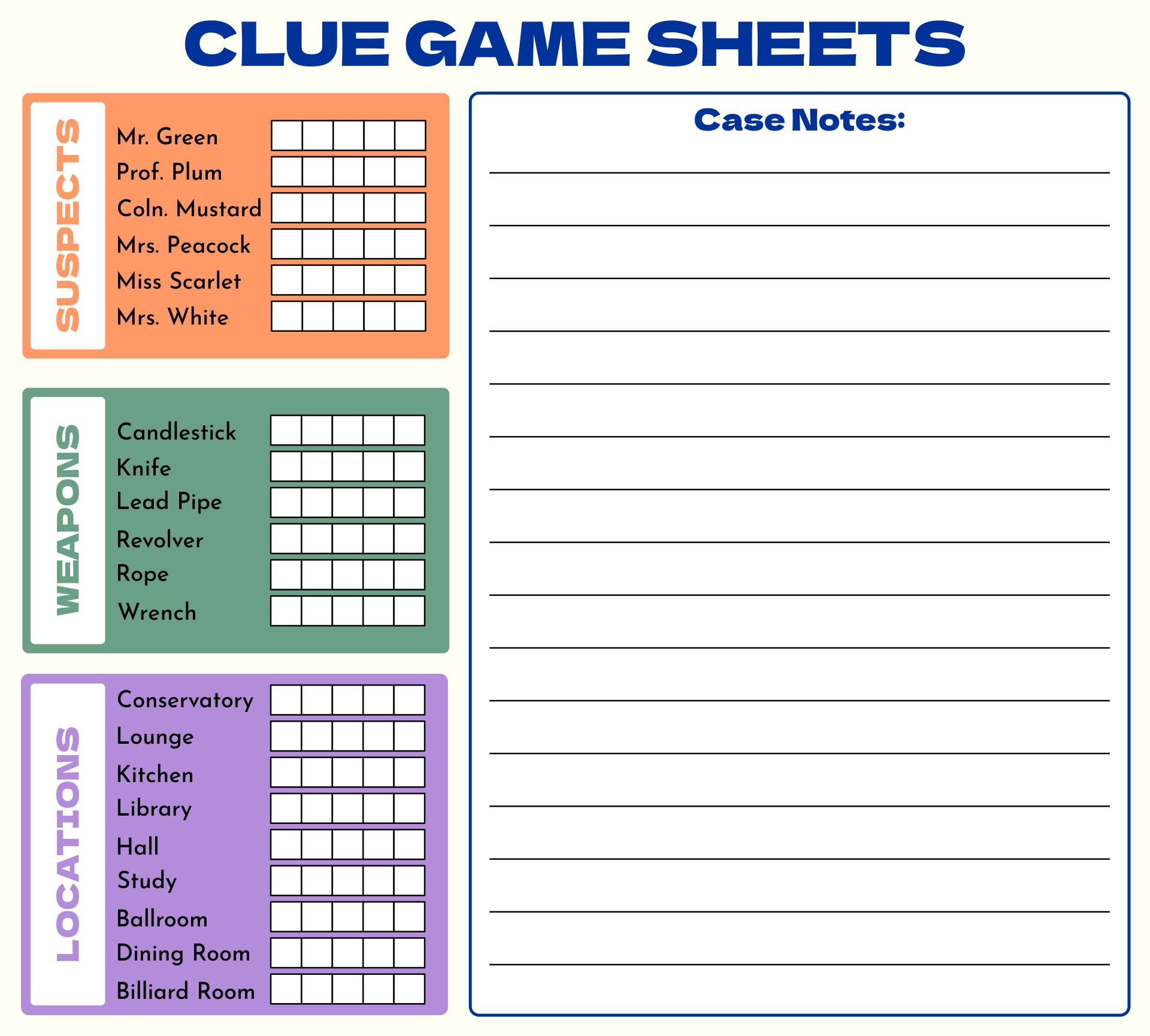 Board Game Clue Sheets 10 Free PDF Printables Printablee