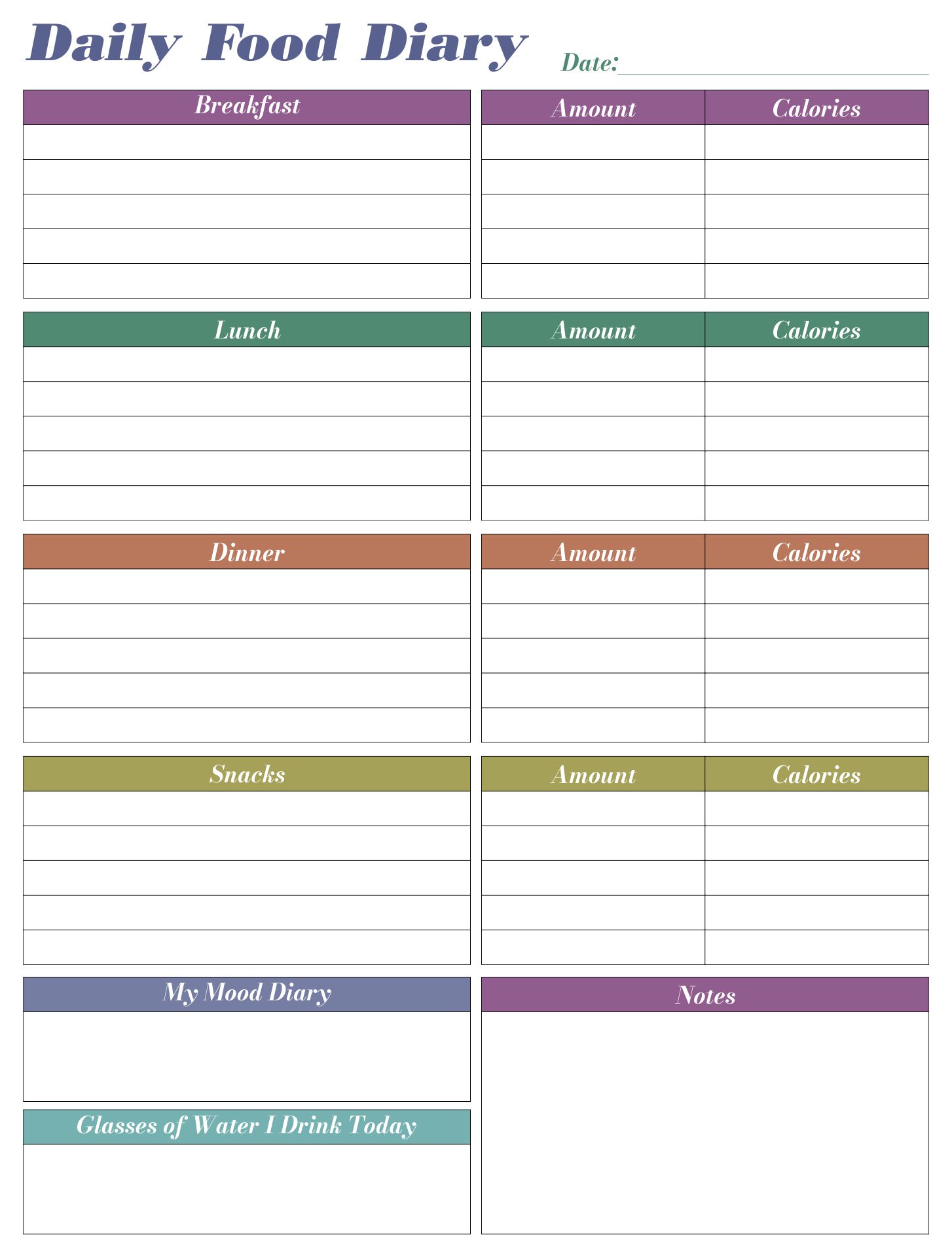 Daily Food Diary Template Printable