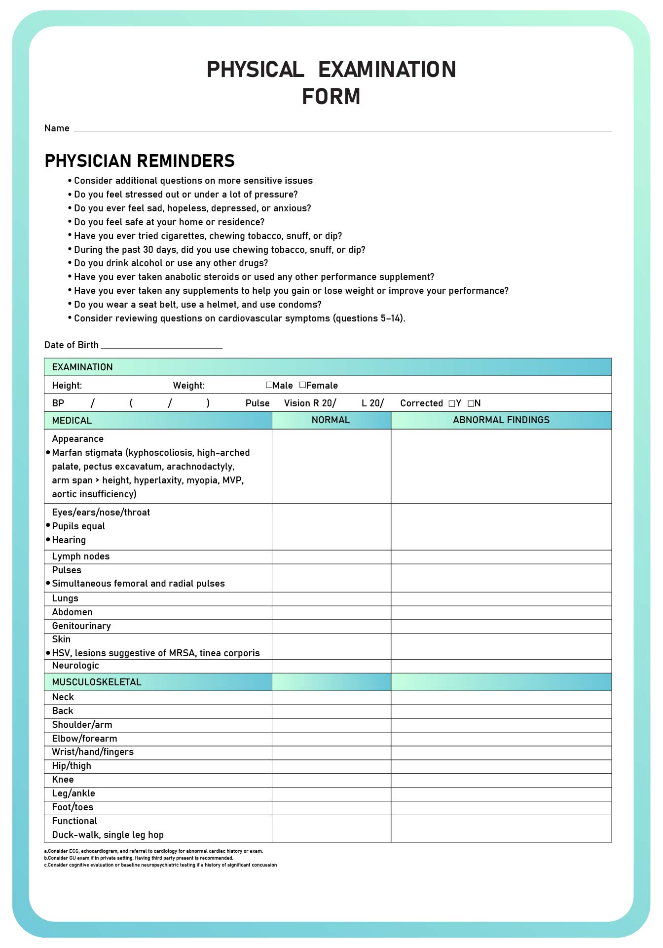 Printable Physical Exam Forms