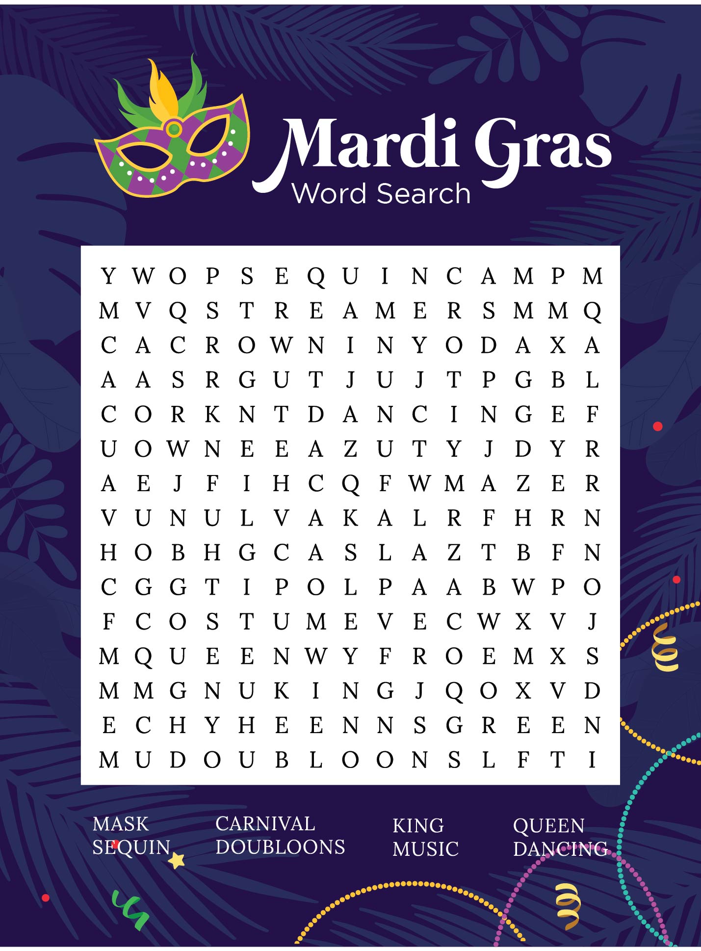Mardi Gras Word Search Printables