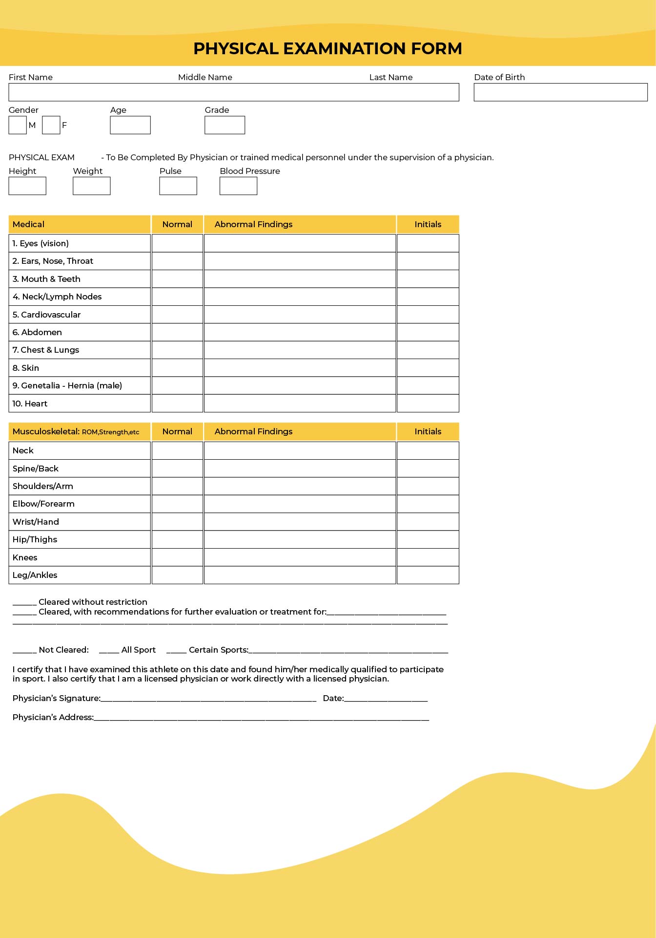 Medical Physical Examination Forms Printable