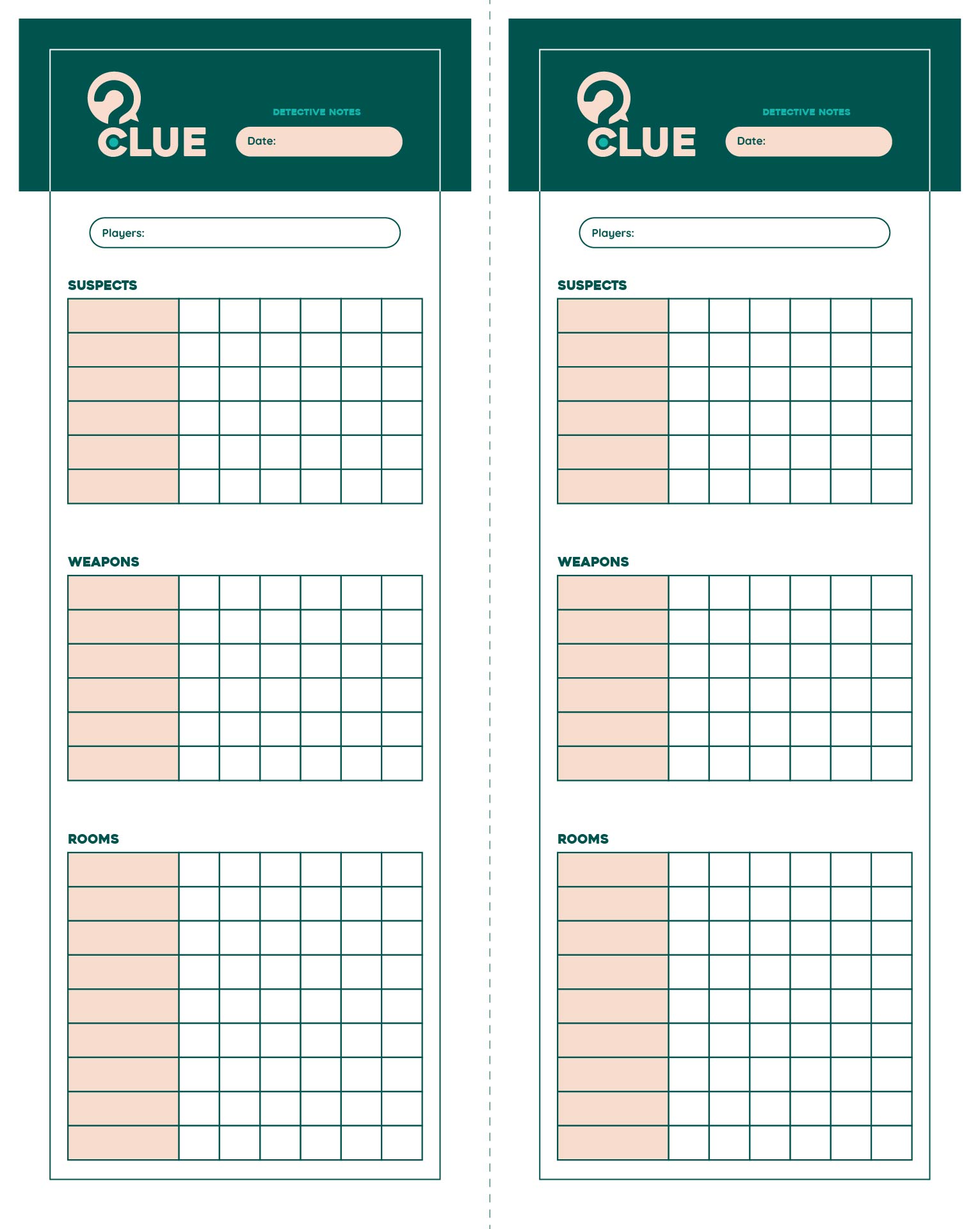 Original Clue Game Sheets