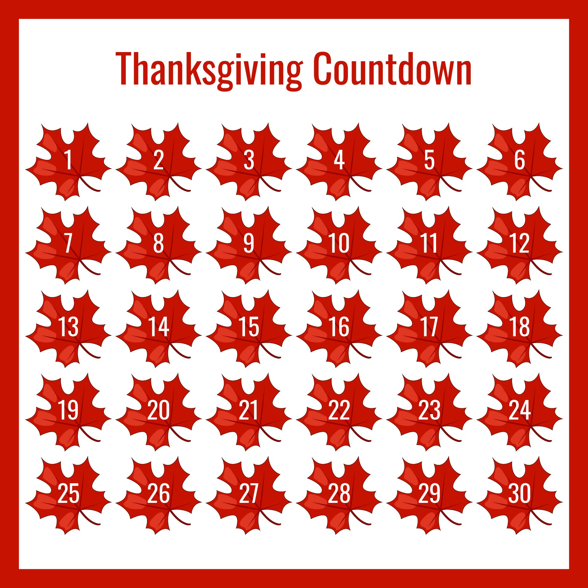 Thanksgiving Countdown Calendar Printable Free