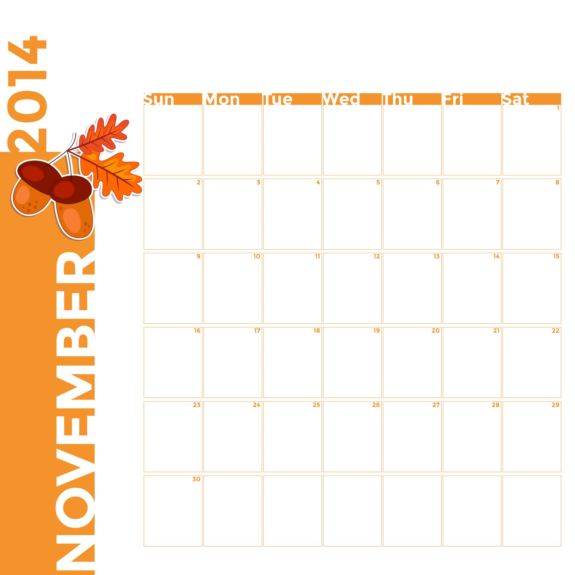 Thanksgiving November 2014 Calendar Printable