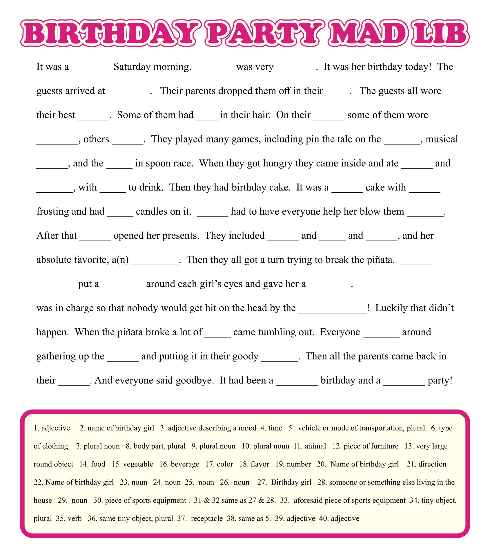 Birthday Mad Libs Printable