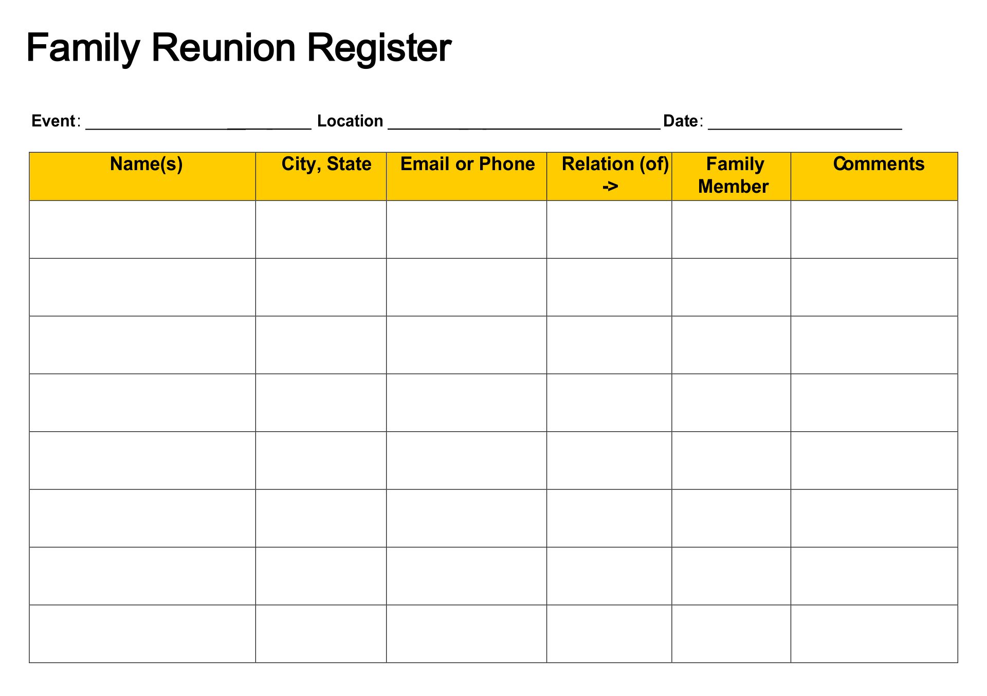 Family Reunion Registration Form Template