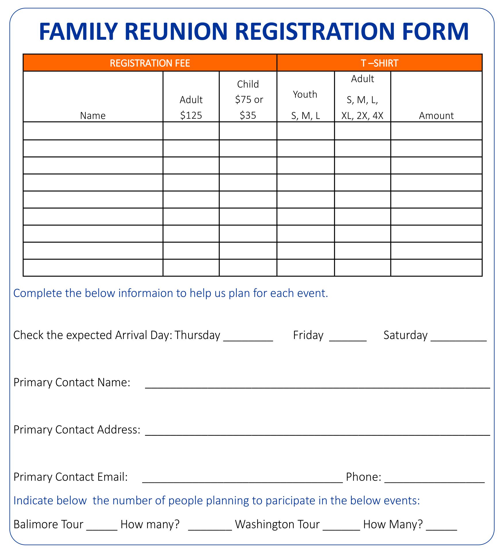 Family Reunion Registration Forms Printable