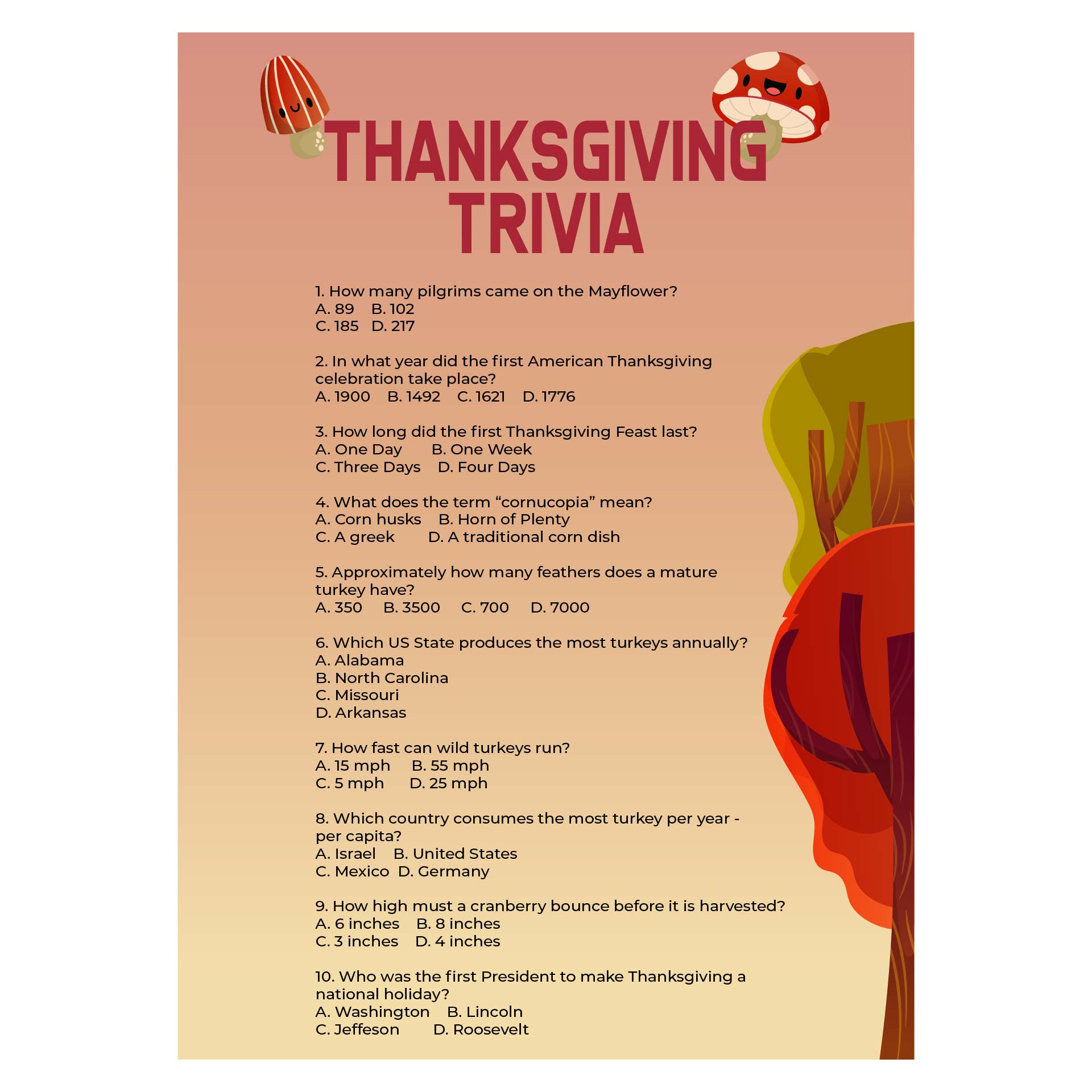6 Best Printable Thanksgiving Trivia Printablee Com