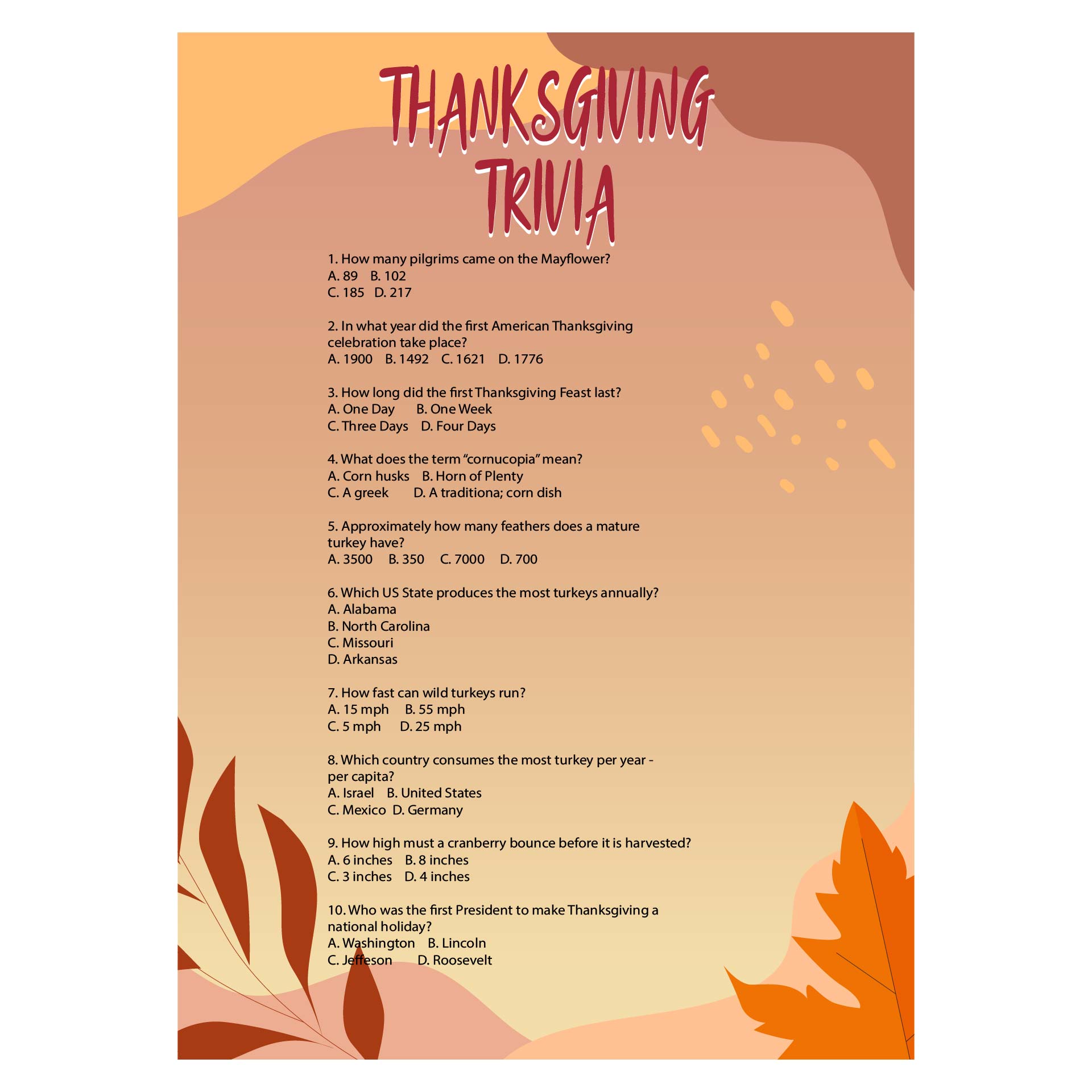 10 Best Printable Thanksgiving Trivia PDF for Free at Printablee