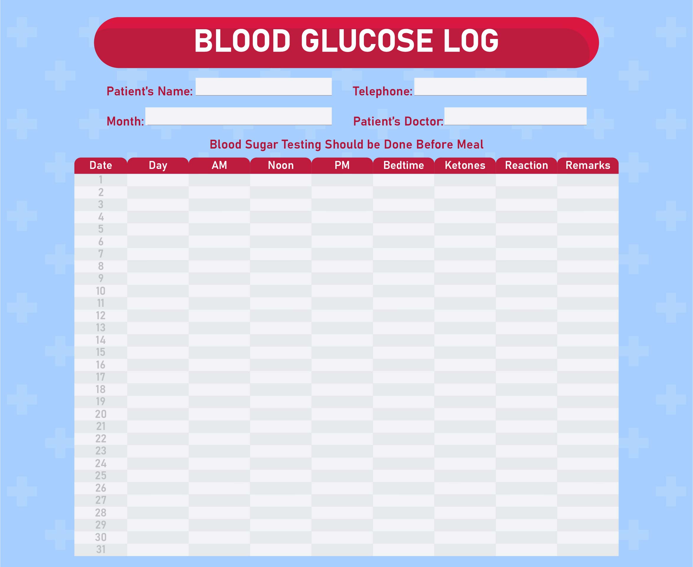 Monthly Blood Glucose Log Sheet