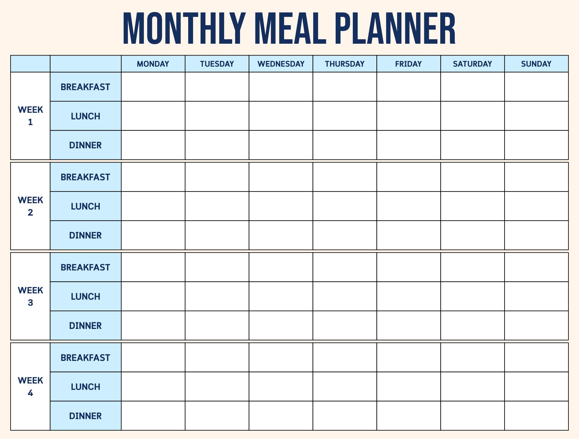 Printable Monthly Meal Planner Template Free Printable Templates