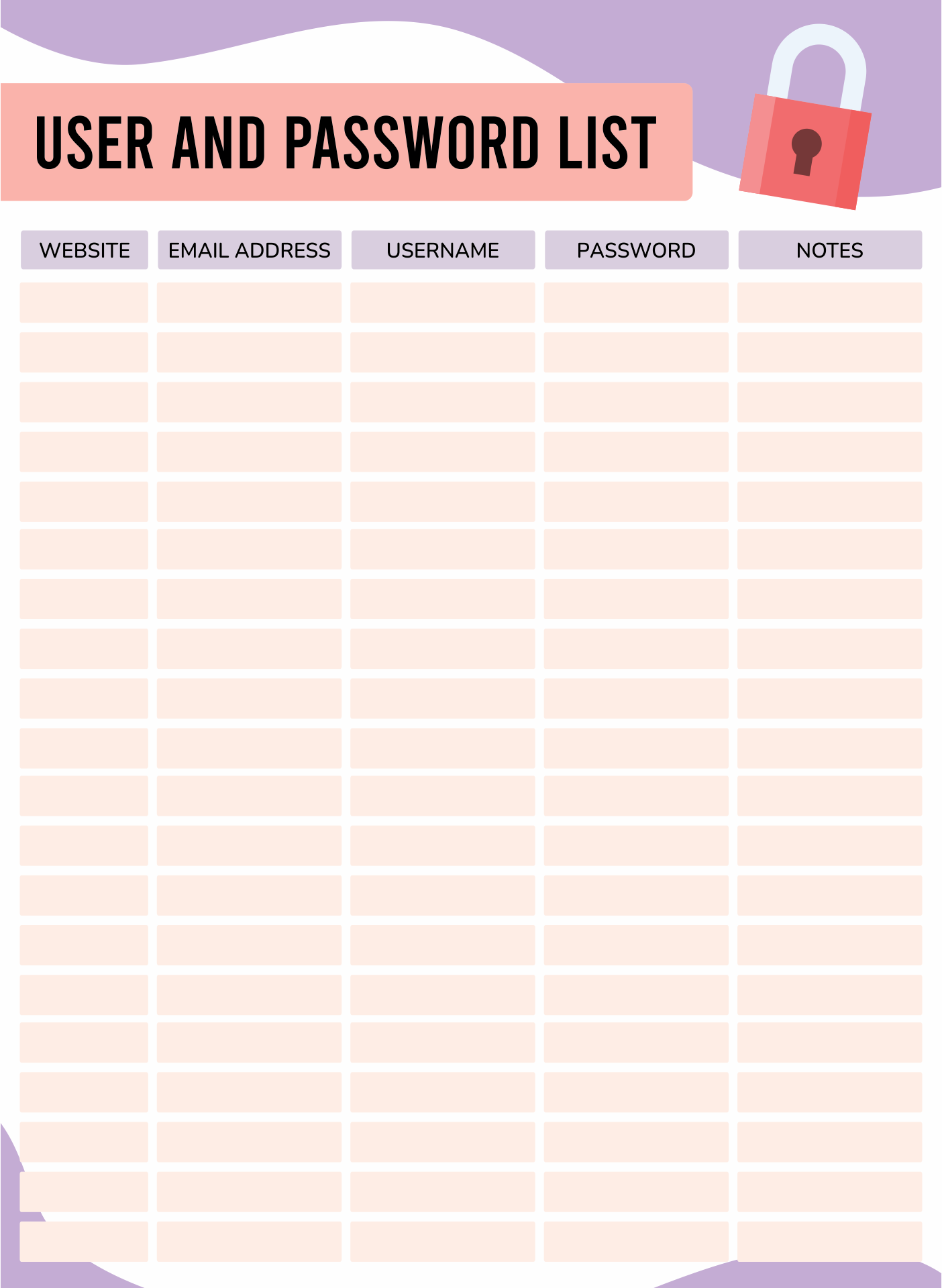 User and Password List Printable