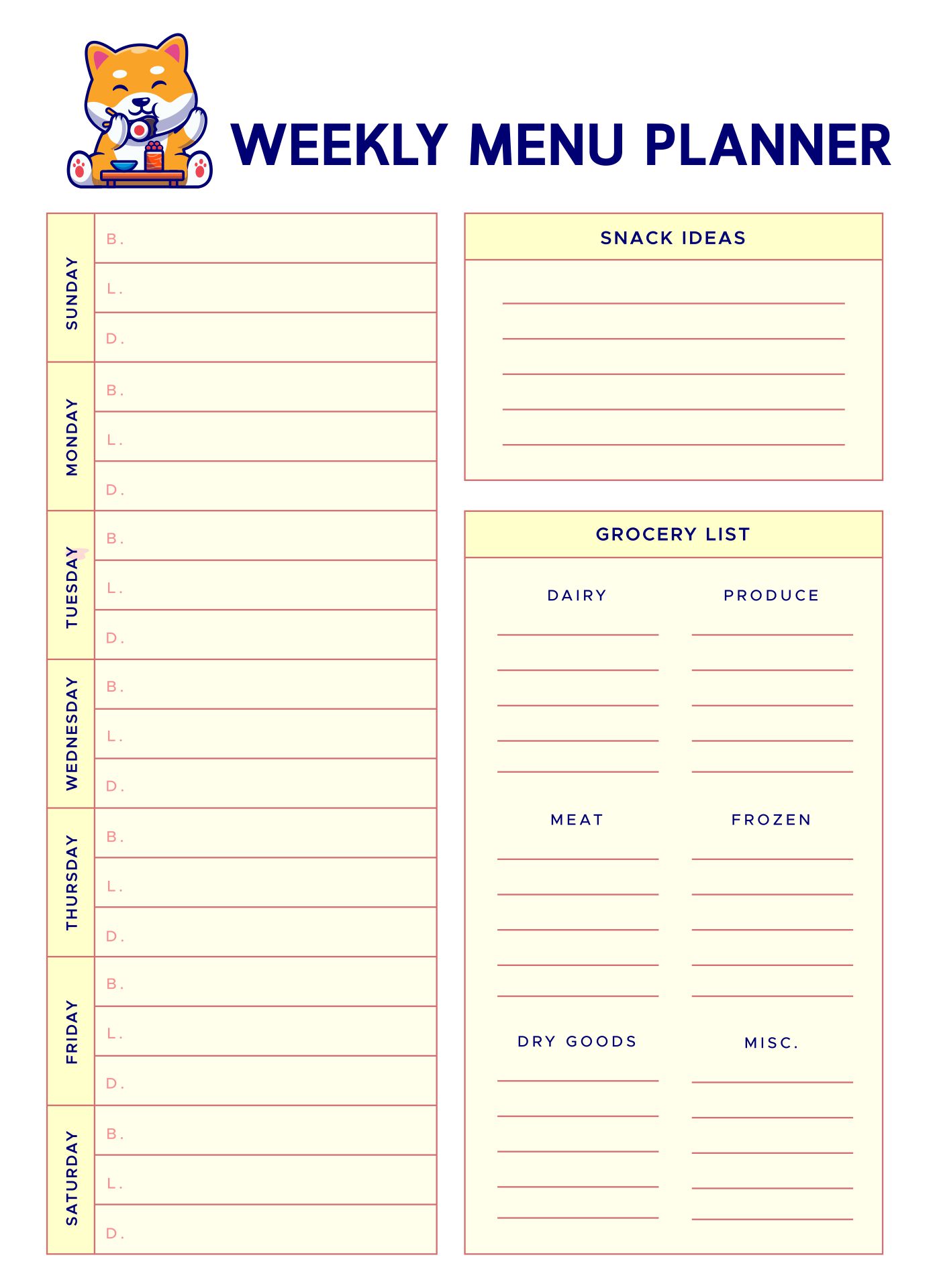 Printable weekly meal planner template with snacks - smslopi