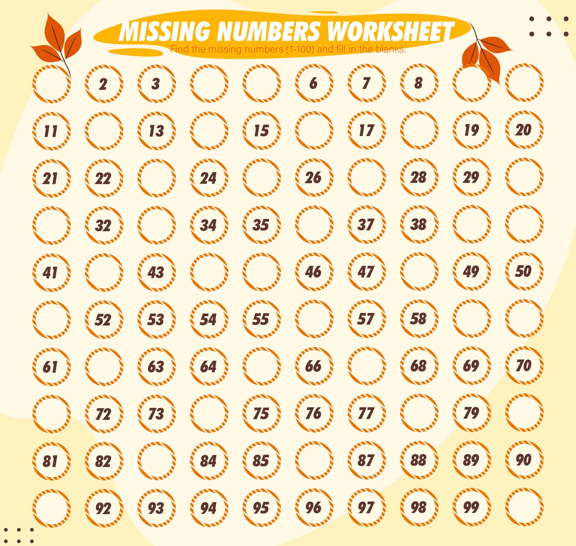 100 Chart Fill in Missing Number Worksheet