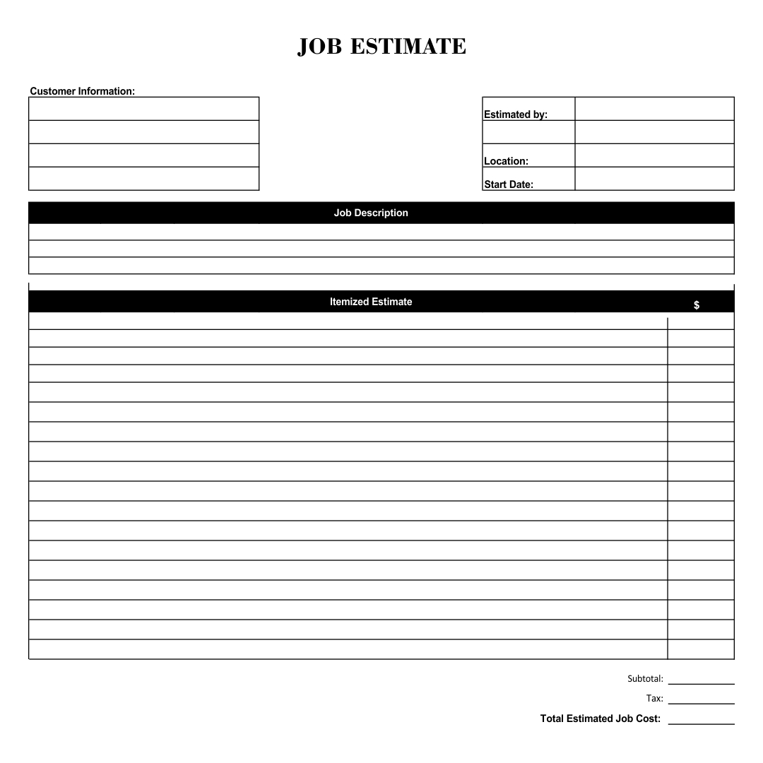 Blank Job Estimate Forms