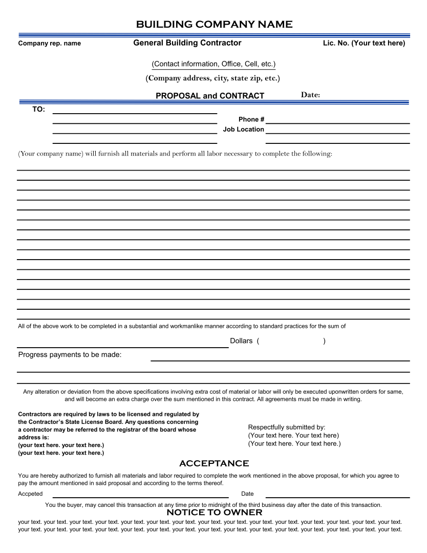 Construction Bid Proposal Form Template