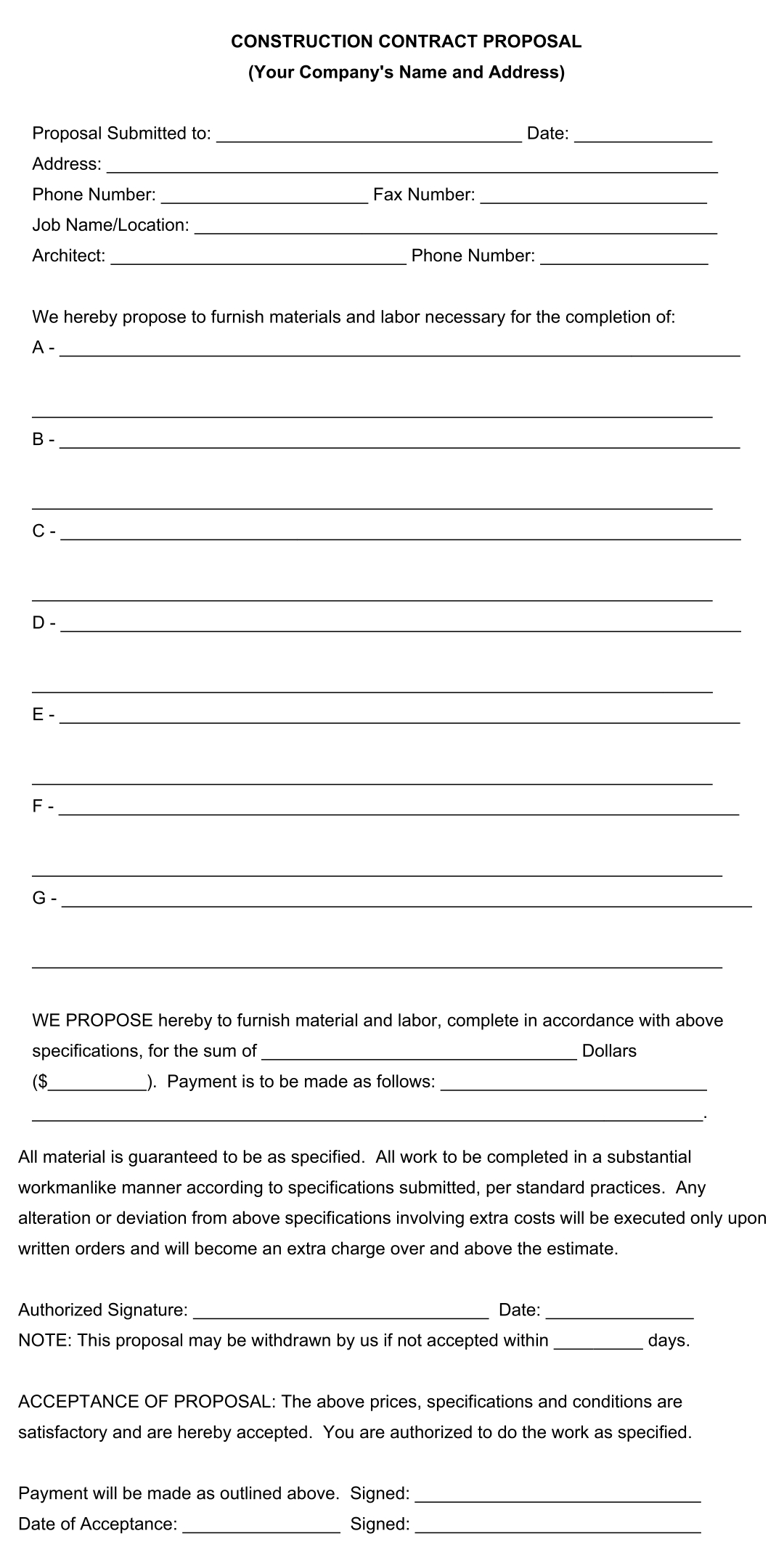 Printable Blank Bid Proposal Forms