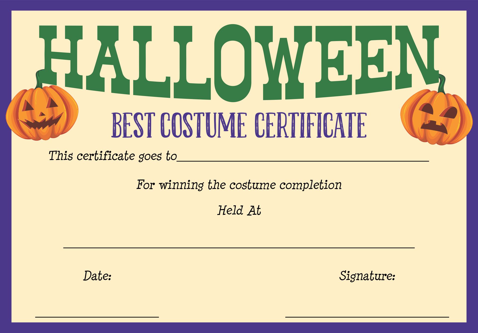 Best Costume Certificate Printable Free - High Resolution Printable Inside Halloween Certificate Template