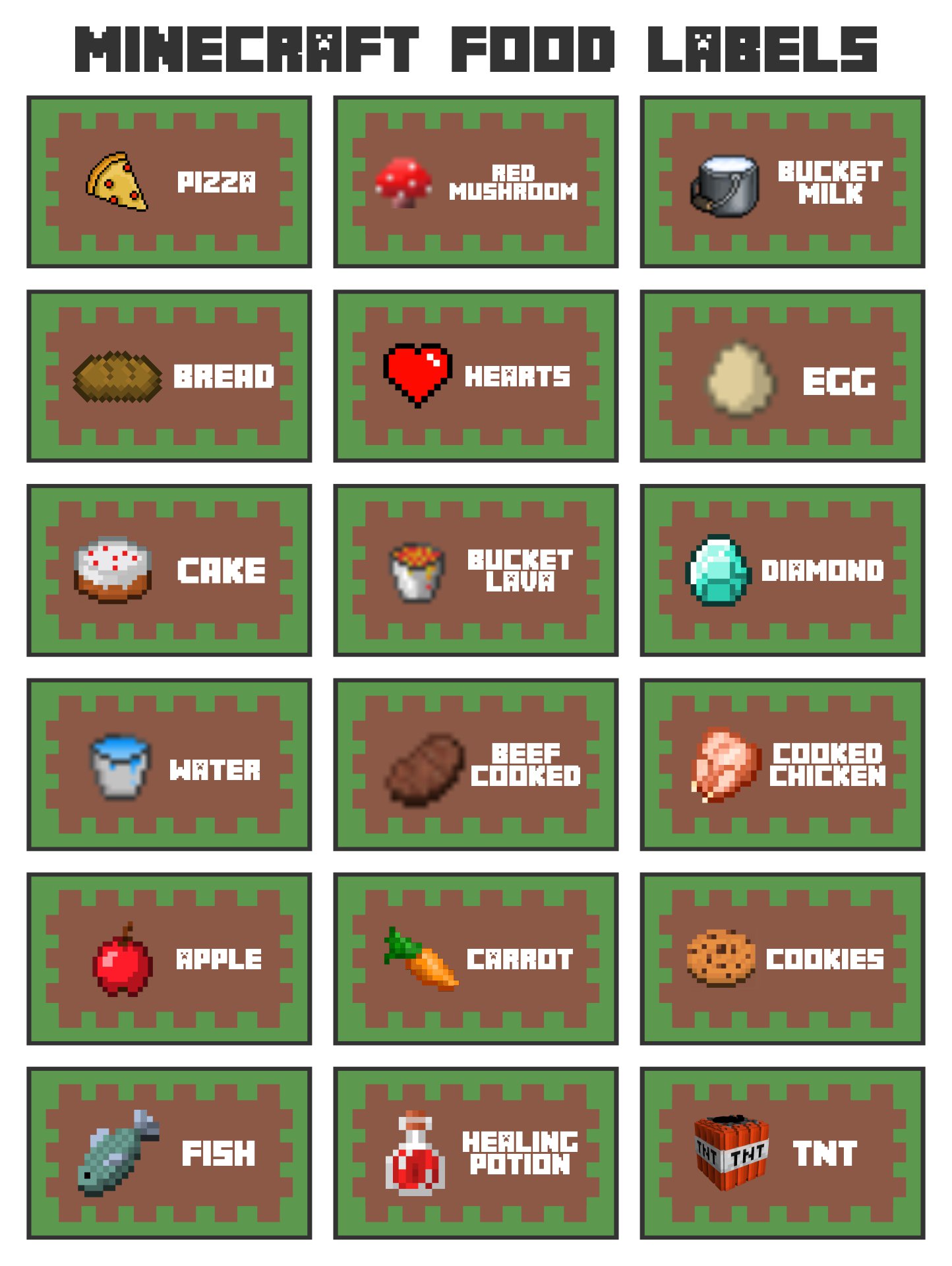 Minecraft Food Printables Card