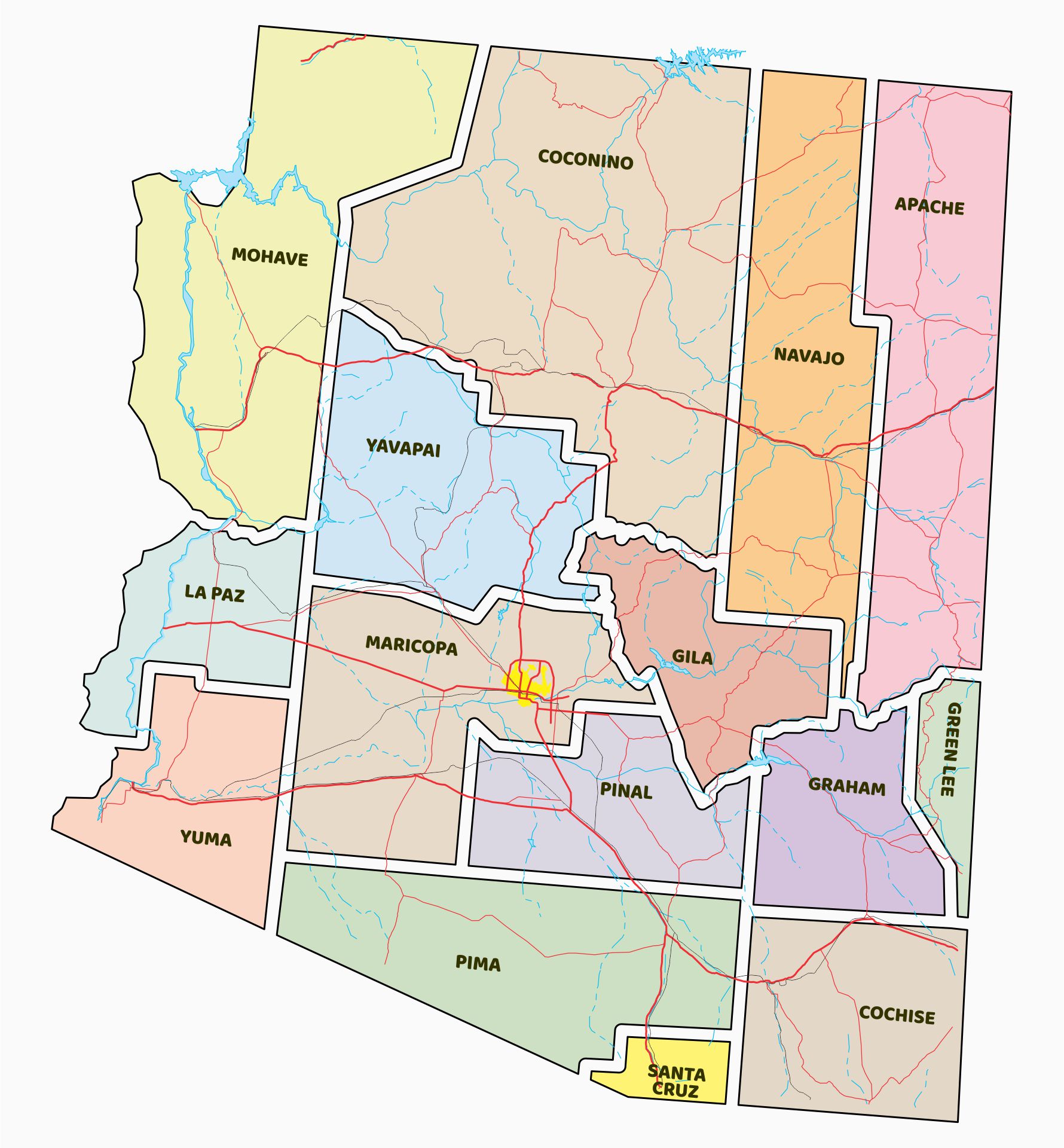 Large Printable Map of Arizona