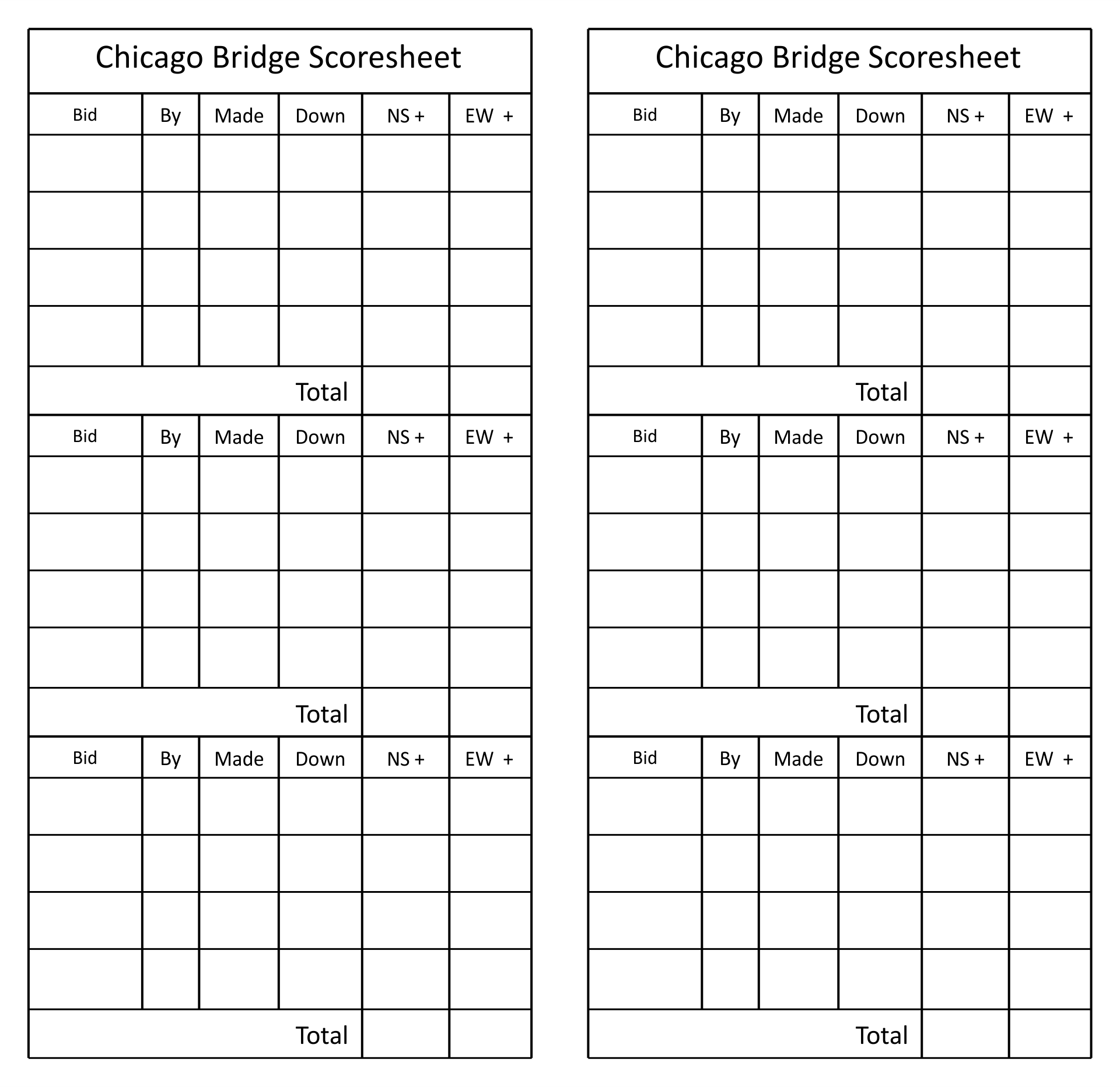 Printable Bridge Score Sheets