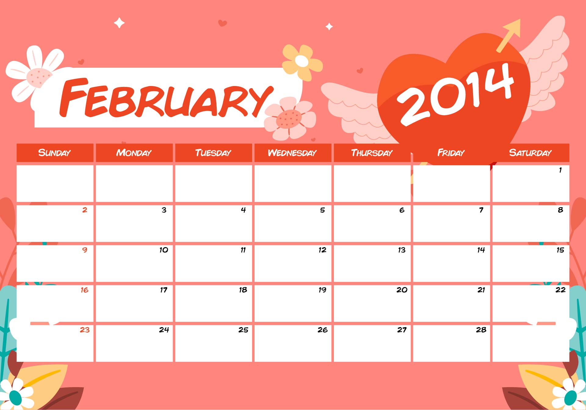Cute Printable February 2014 Calendar