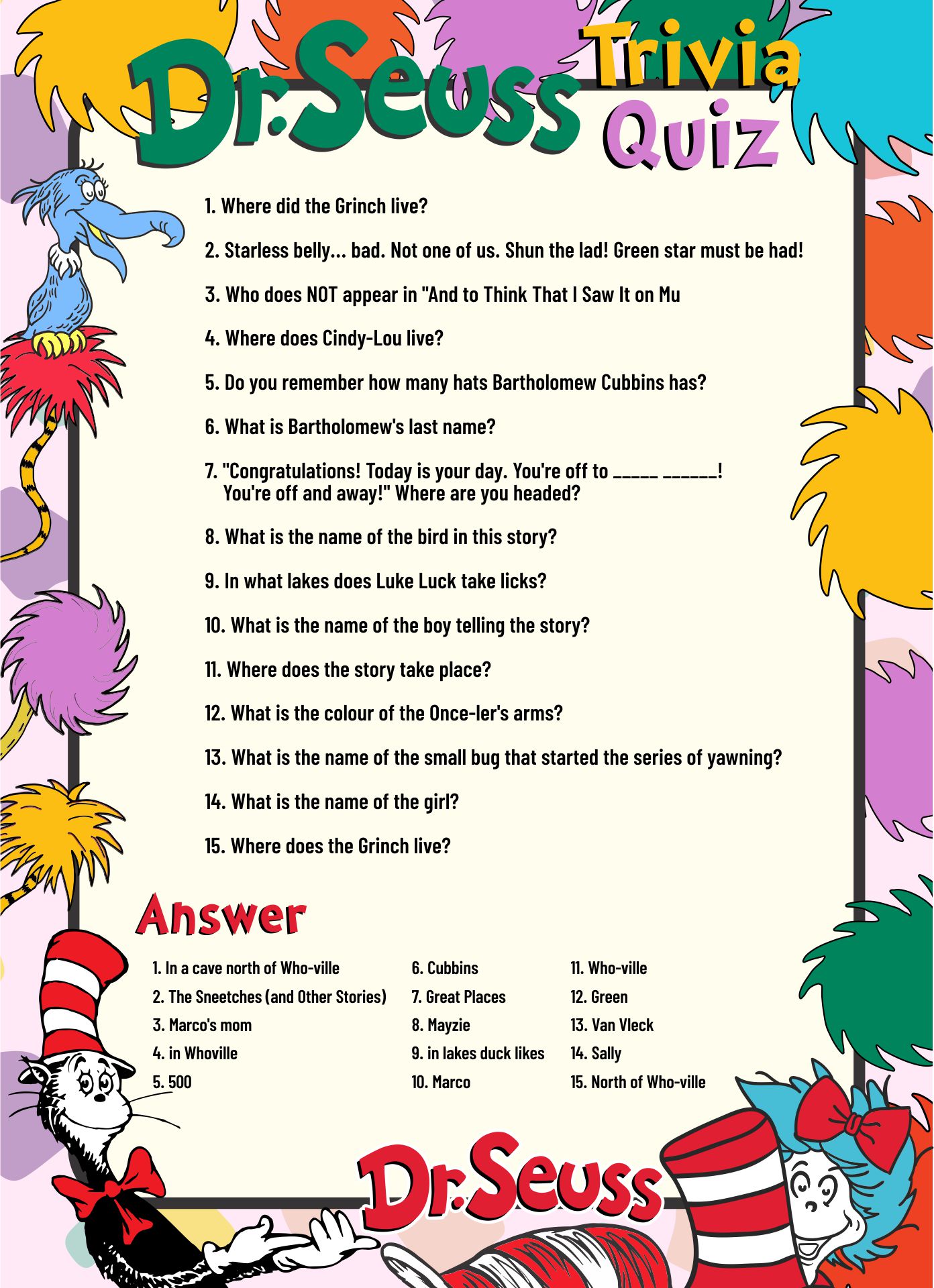 Dr. Seuss Baby Shower Trivia Game
