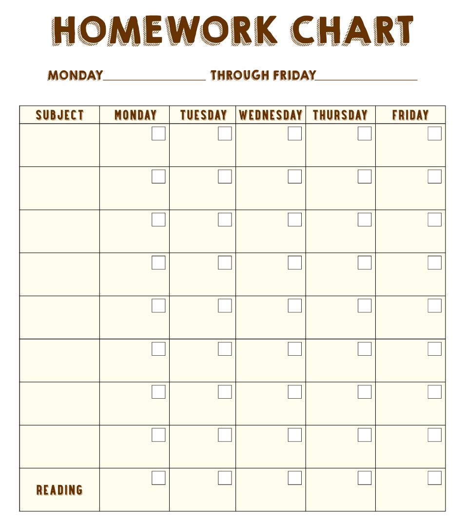 homework chart for middle school