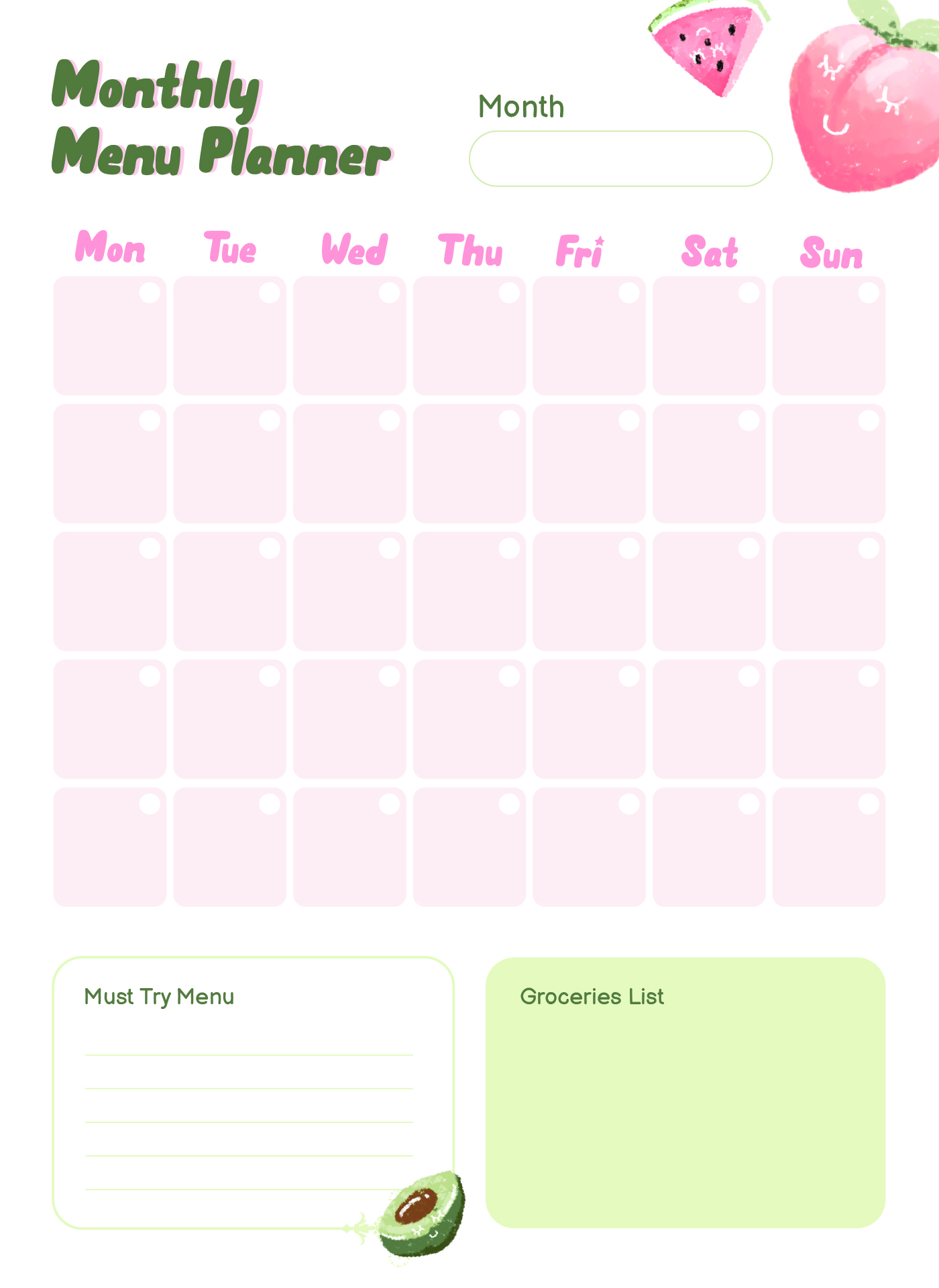 Monthly Menu Calendar Template