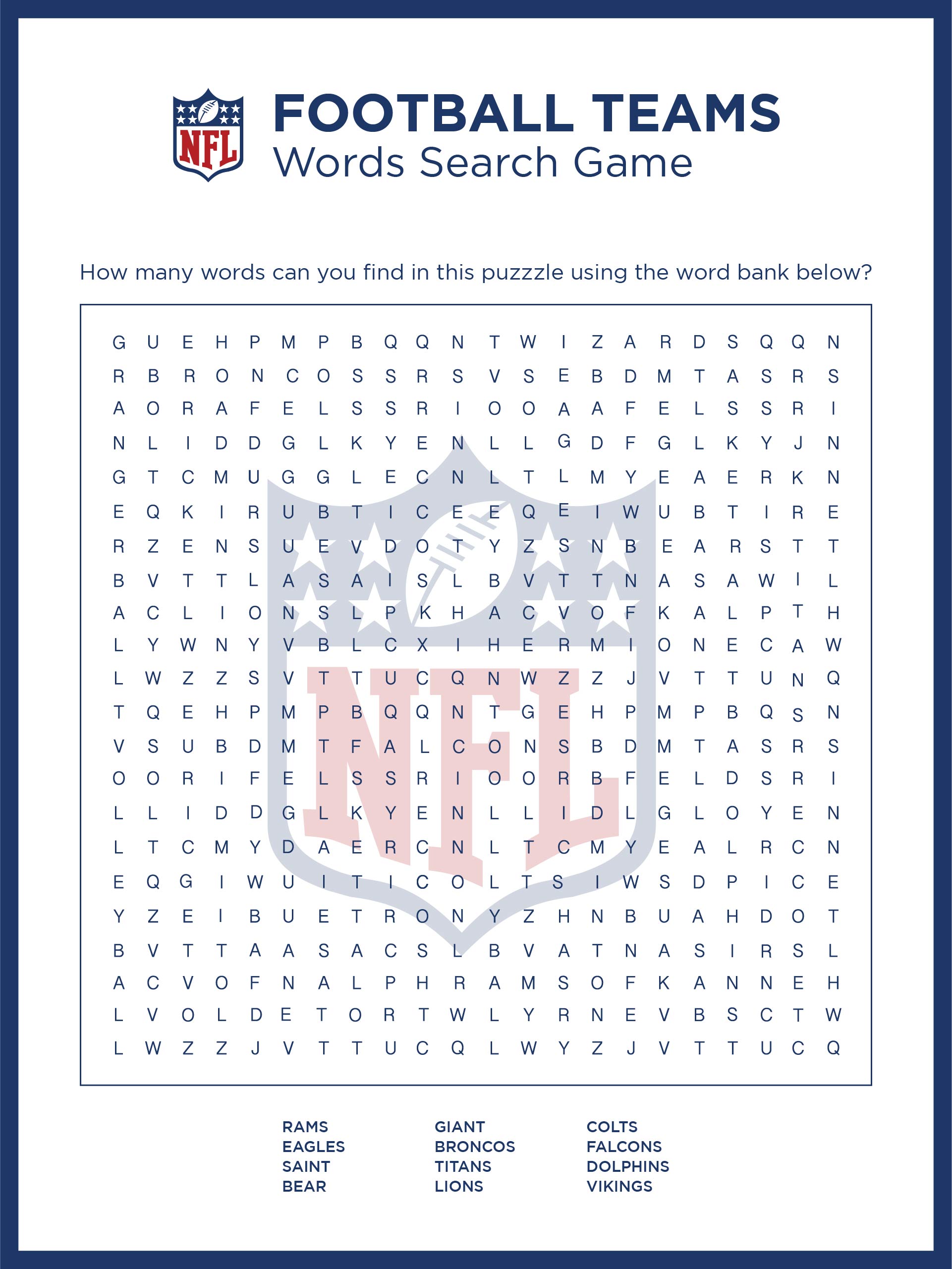 NFL Football Teams Word Search