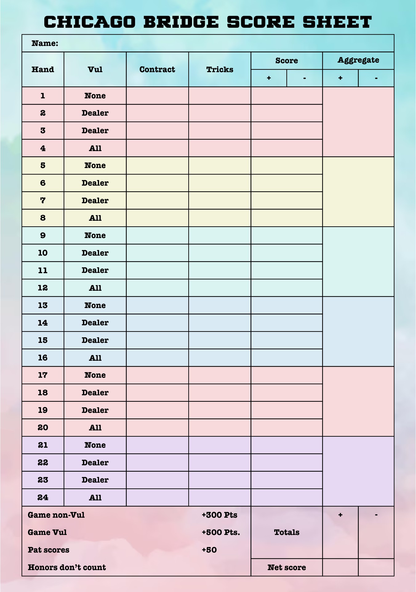 Bridge Scoring Sheet Printable