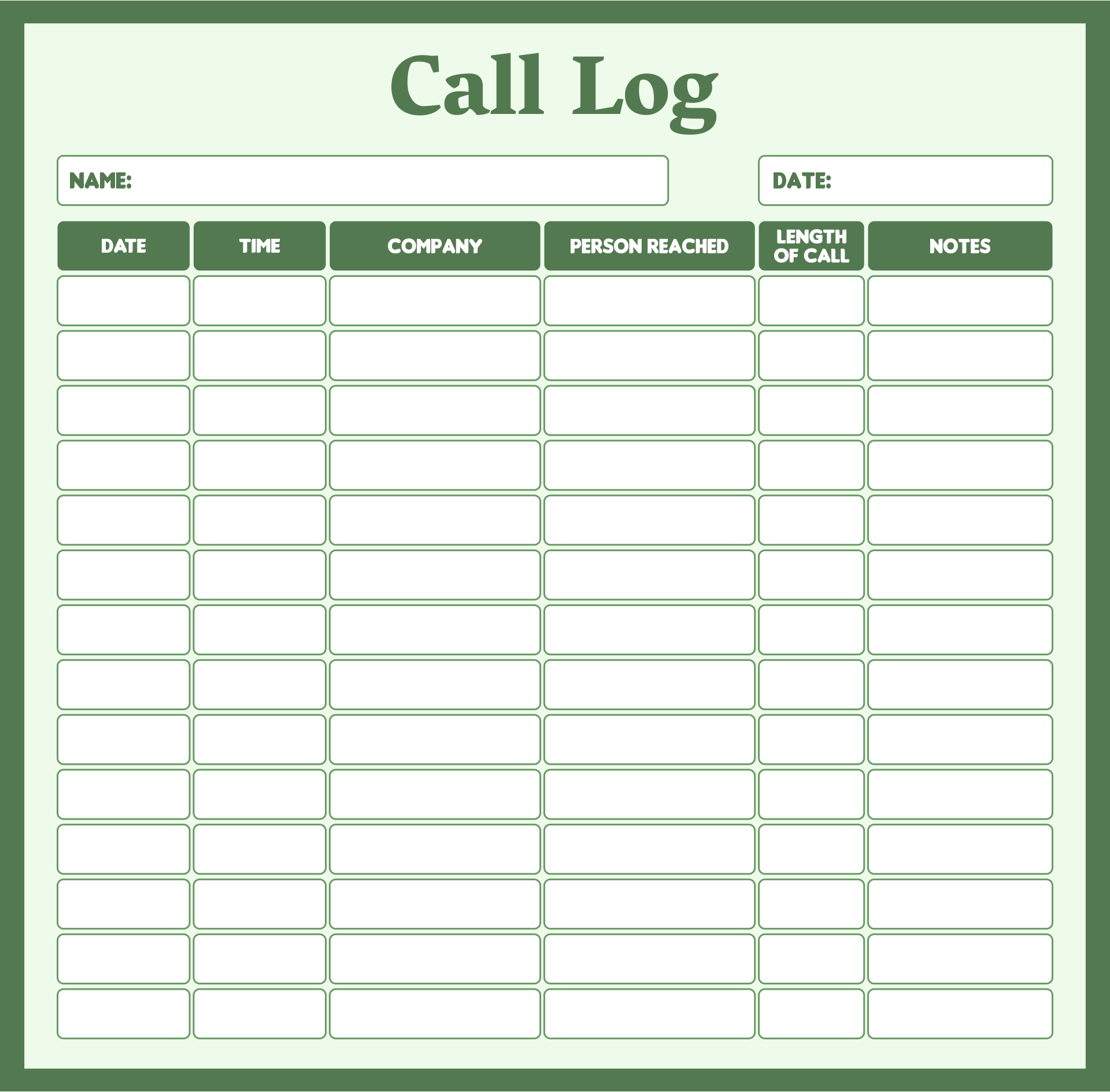 Blank Call Log Sheet Templates