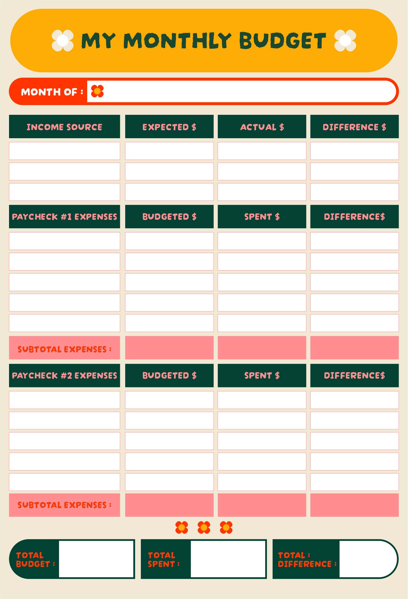 Printable Monthly Budget Template
