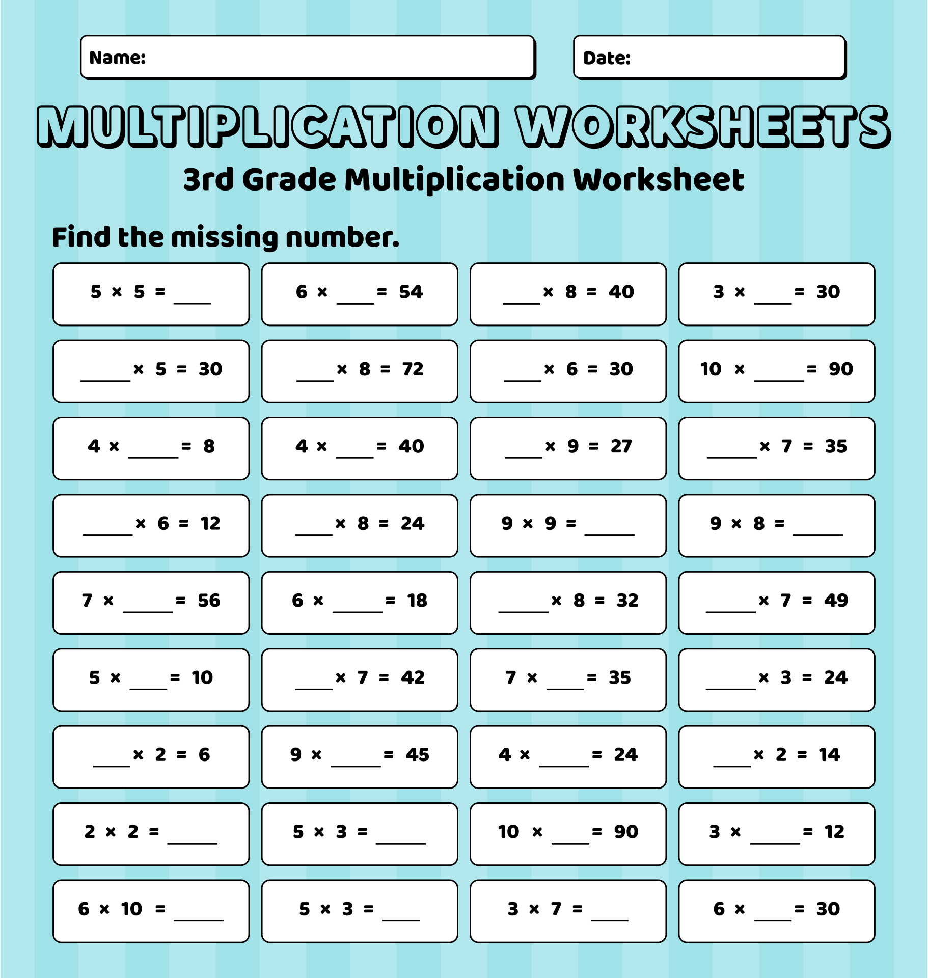 Printable Multiplication Worksheets 3rd Grade Math