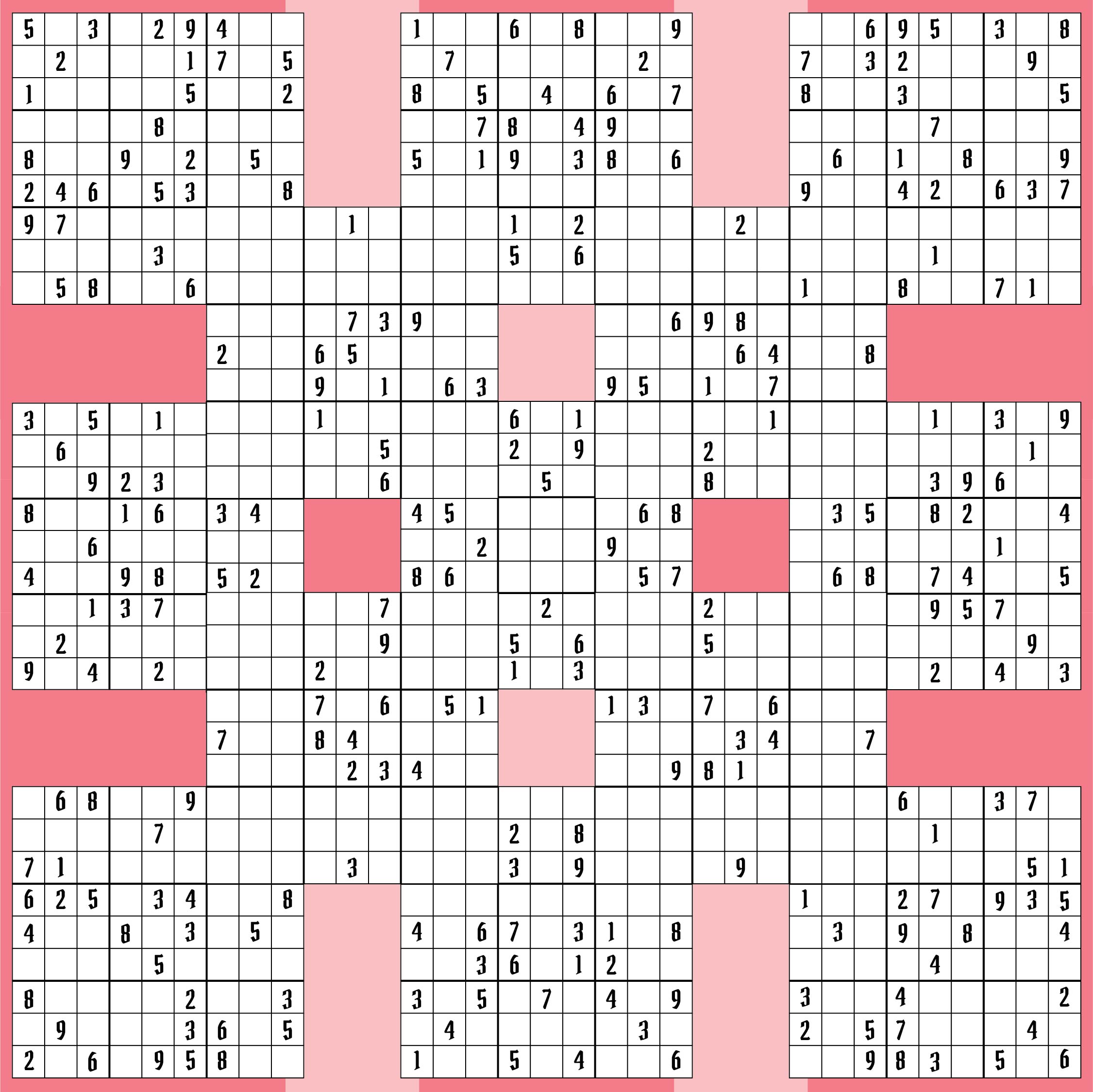 Free Printable Samurai Sudoku Puzzles Sudoku Puzzles Sudoku Printable Free Printable Puzzles 