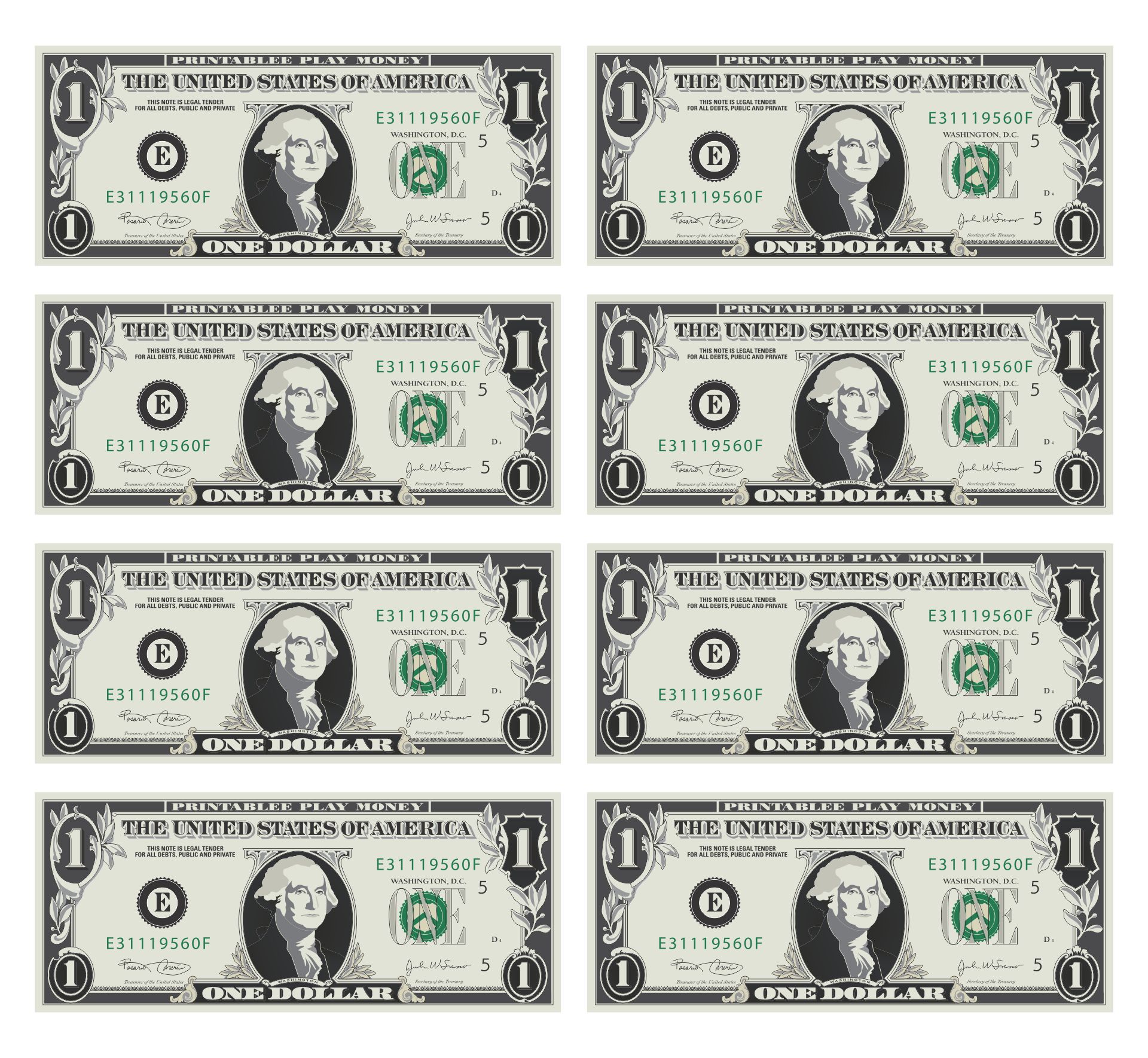 1 Dollar Bills Fake Money Printables