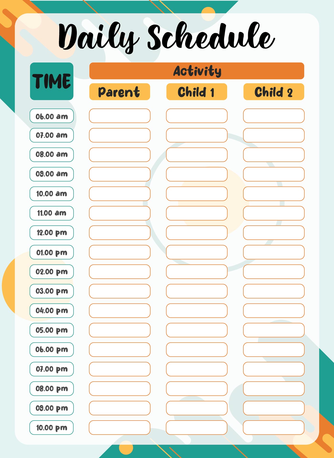 24 Hour Daily Schedule Template